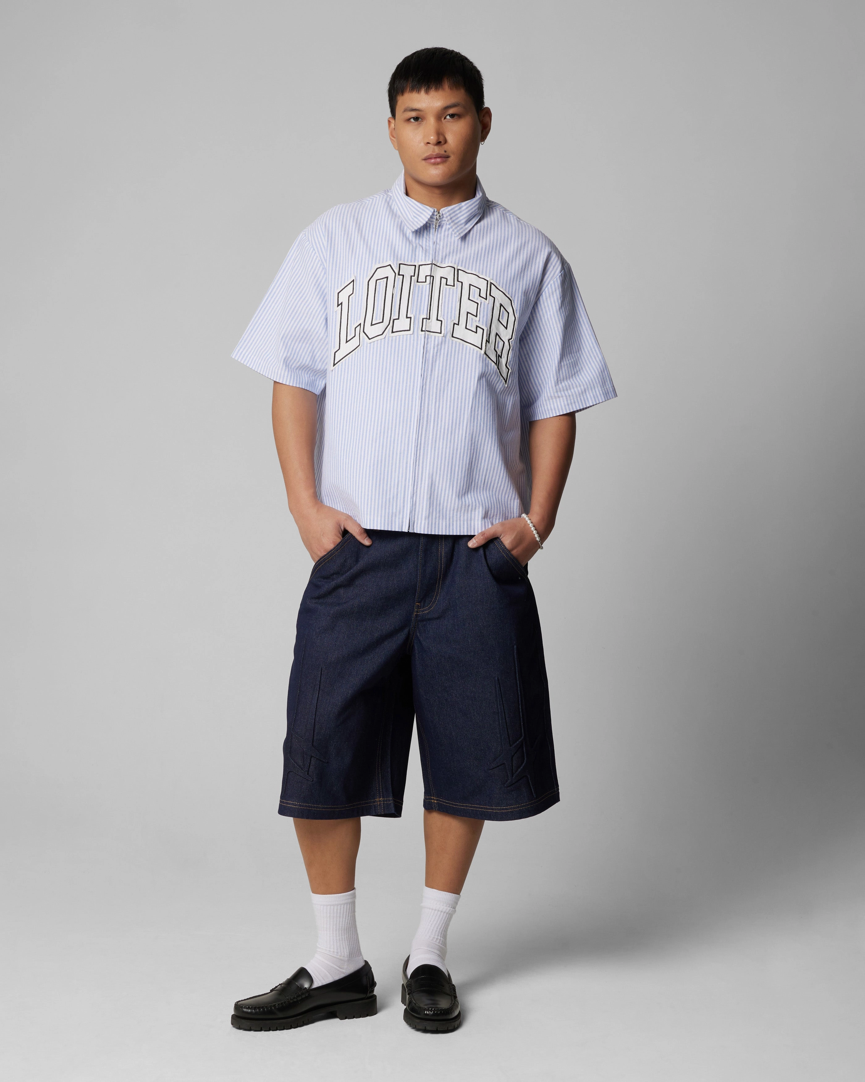 Dinner Date Loiter Studio Zip Shirt Blue Stripe