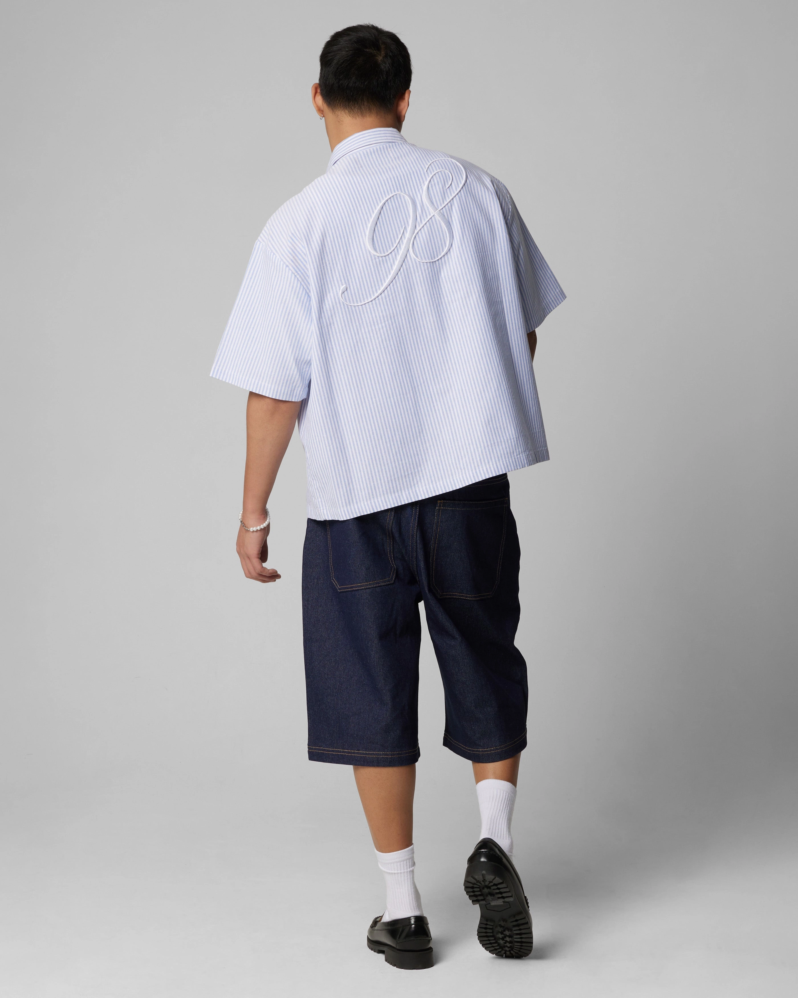 Loiter Studio Zip Shirt Blue Stripe Round Collar