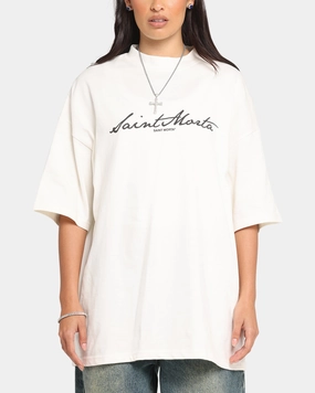 Classic Color Saint Morta Scripture Mock Neck T-Shirt Off White