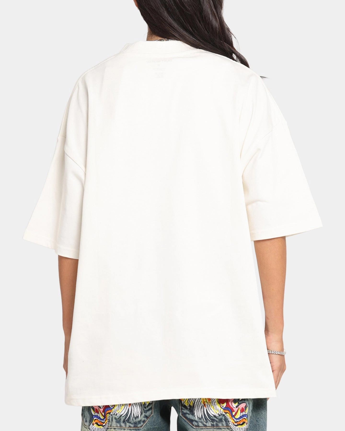 Urban Fashion Look Vintage Style Saint Morta Scripture Mock Neck T-Shirt Off White