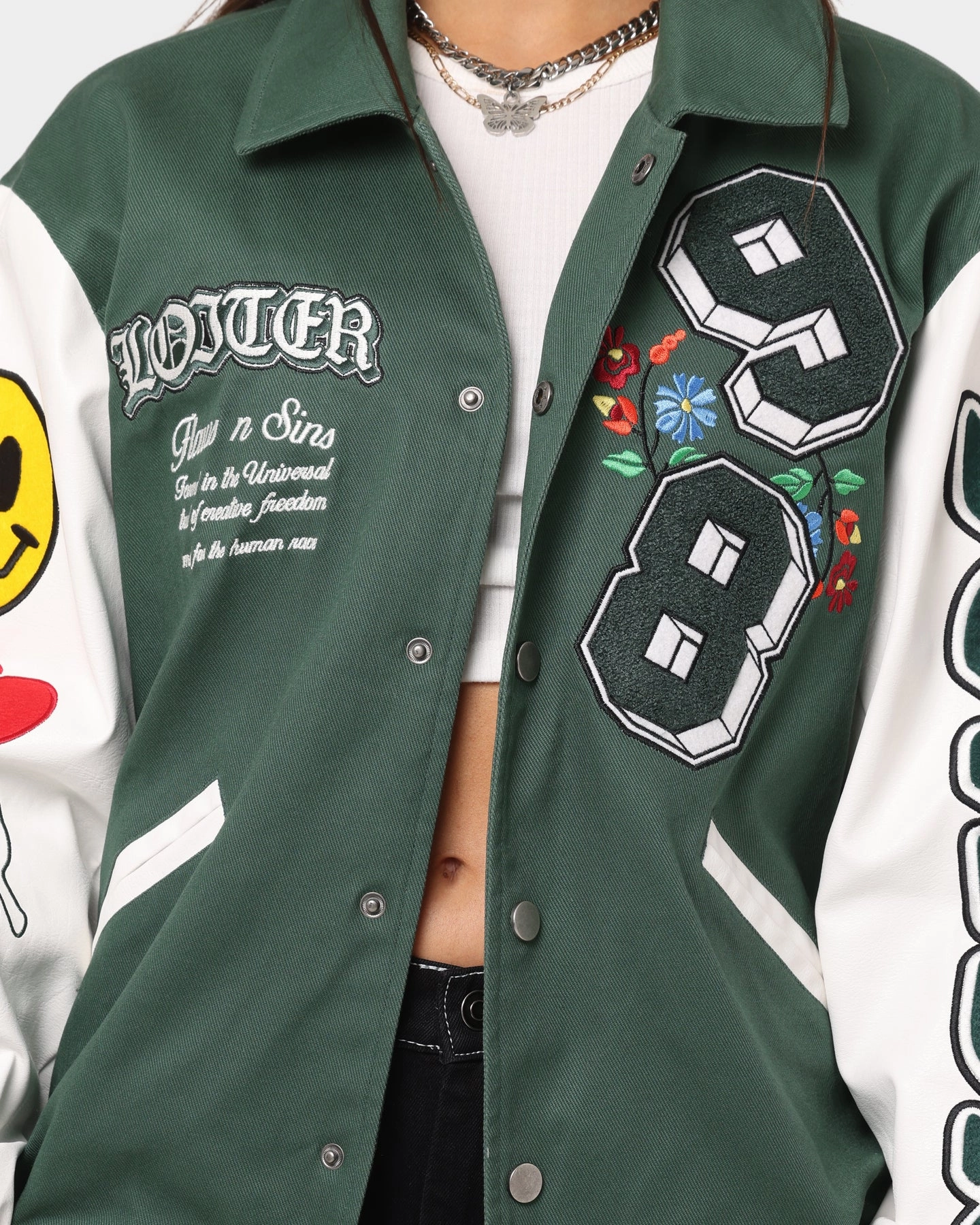 Waterproof Outer Layer Loiter Flaws Varsity Jacket Green/Off White