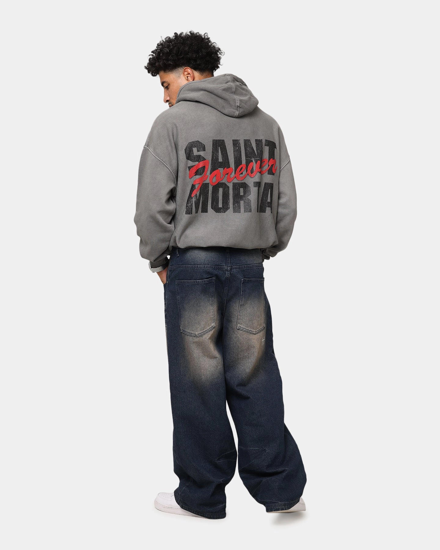 Premium rear line Saint Morta Forever Boxy Hoodie Washed Charcoal