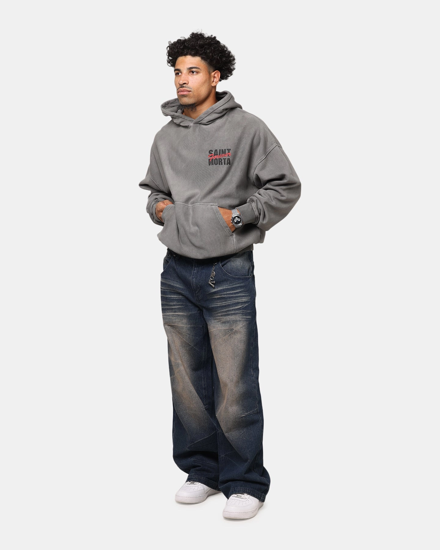 Saint Morta Forever Boxy Hoodie Washed Charcoal Drop Shoulder Border - protection - worthy