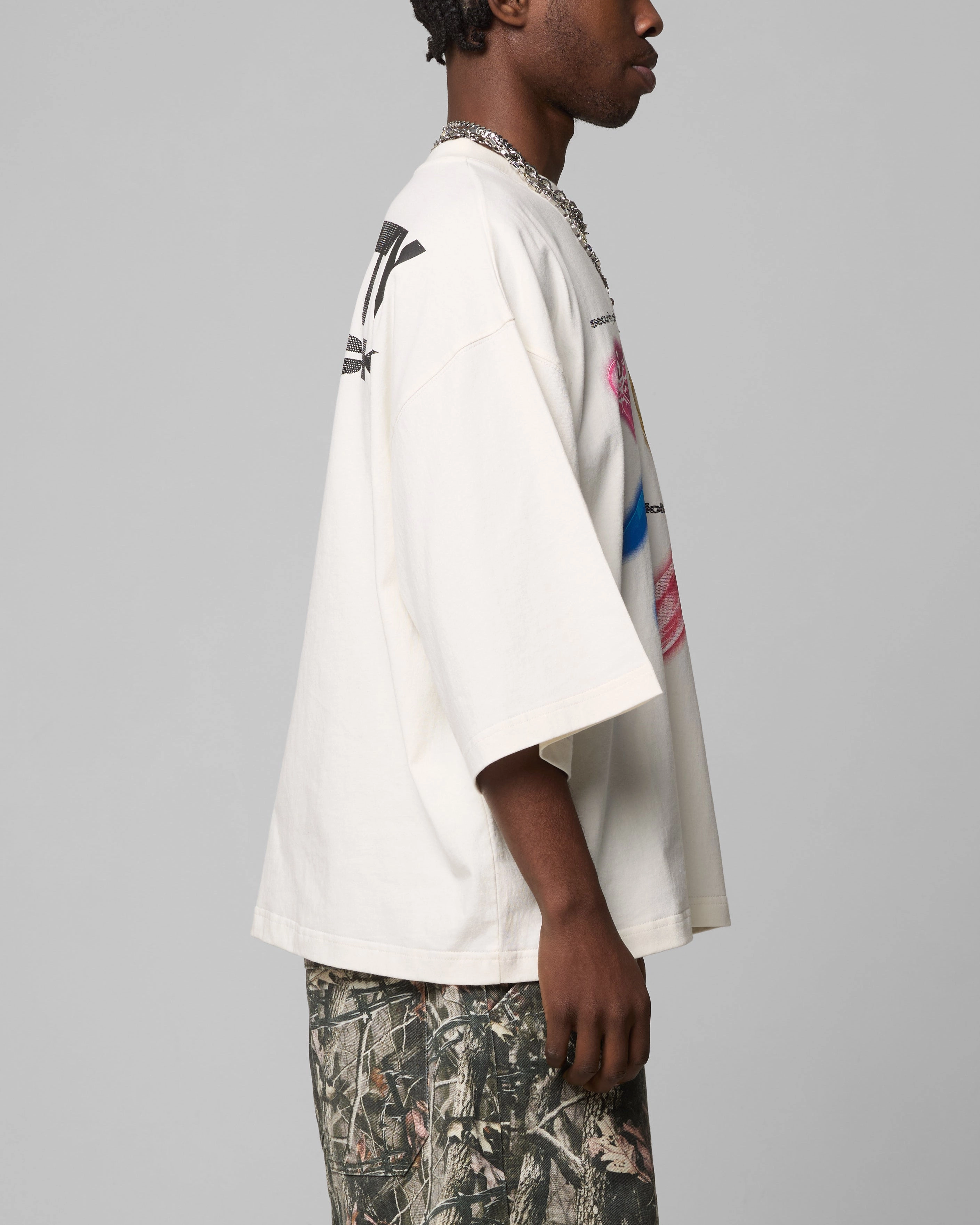 Structured silhouette proper length Loiter Security Check Box T-Shirt Off White