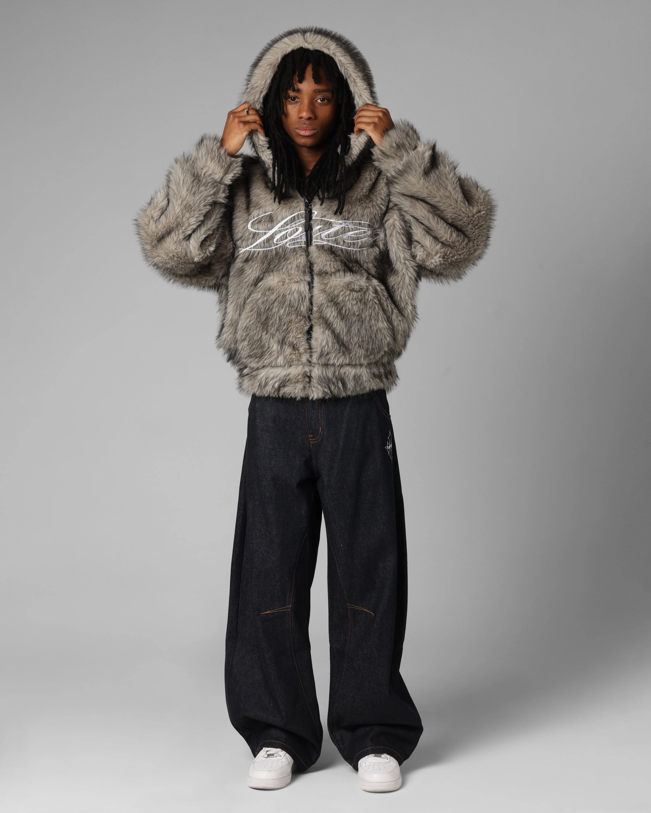 Loiter Faux Fur Hooded Jacket Off White SnapFasteners