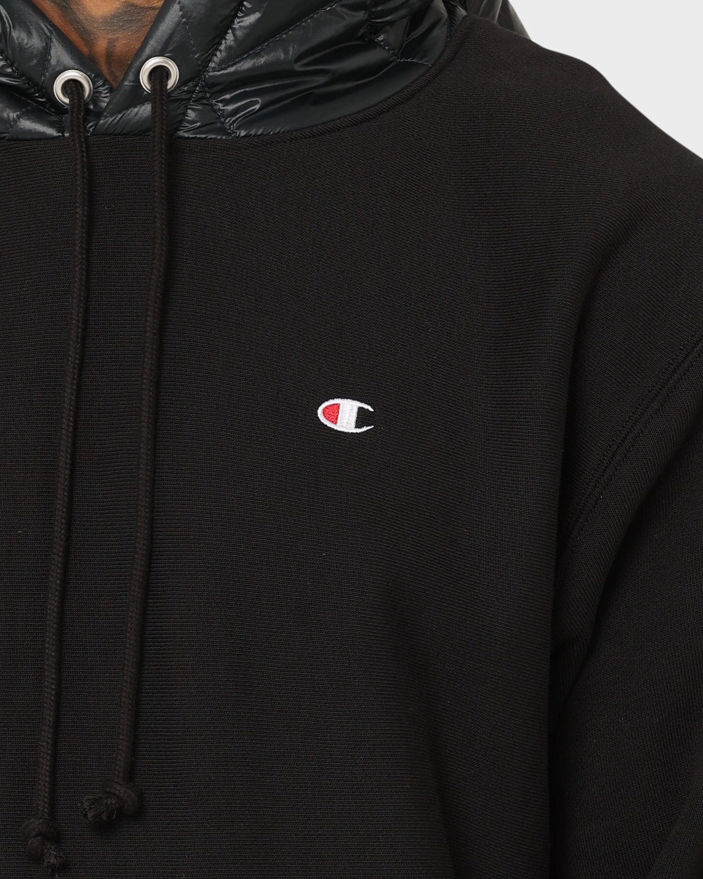 Champion Reverse Weave Puffer Hoodie Black Rollaway Collar Feature