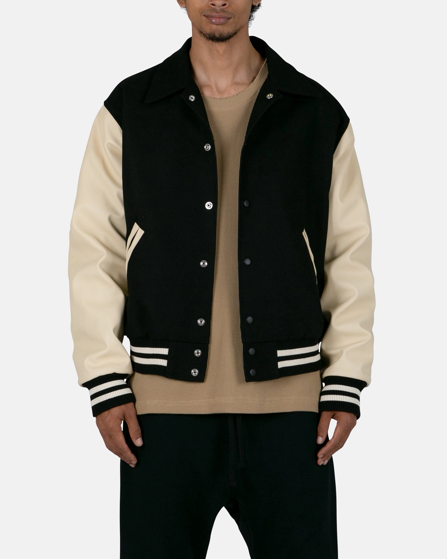 MNML Collared Varsity Jacket Black/White Layer Look writers