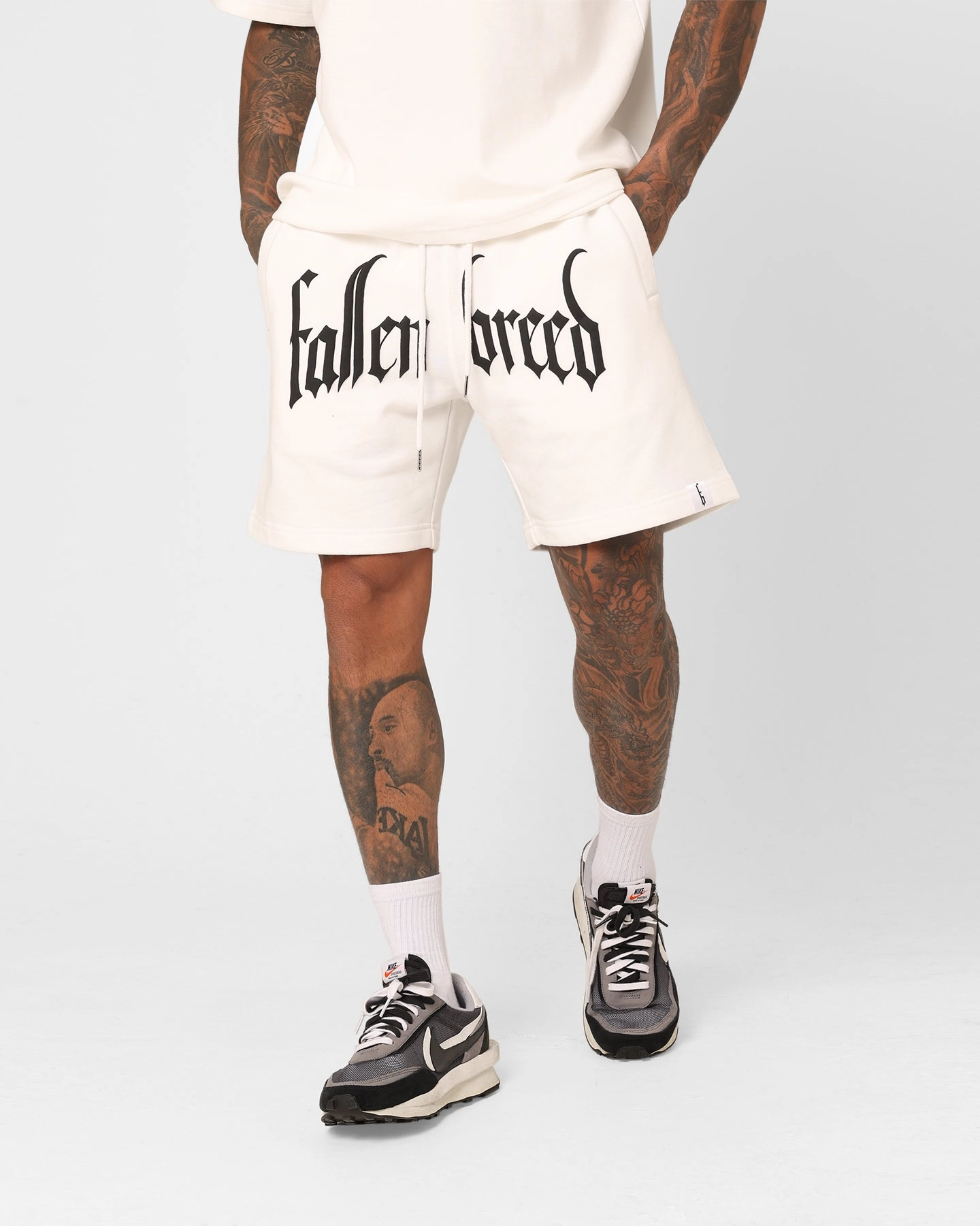 Vegan Leather Port Pocket Design Fallen Breed Puff Logo Zip Sweat Shorts White/Black