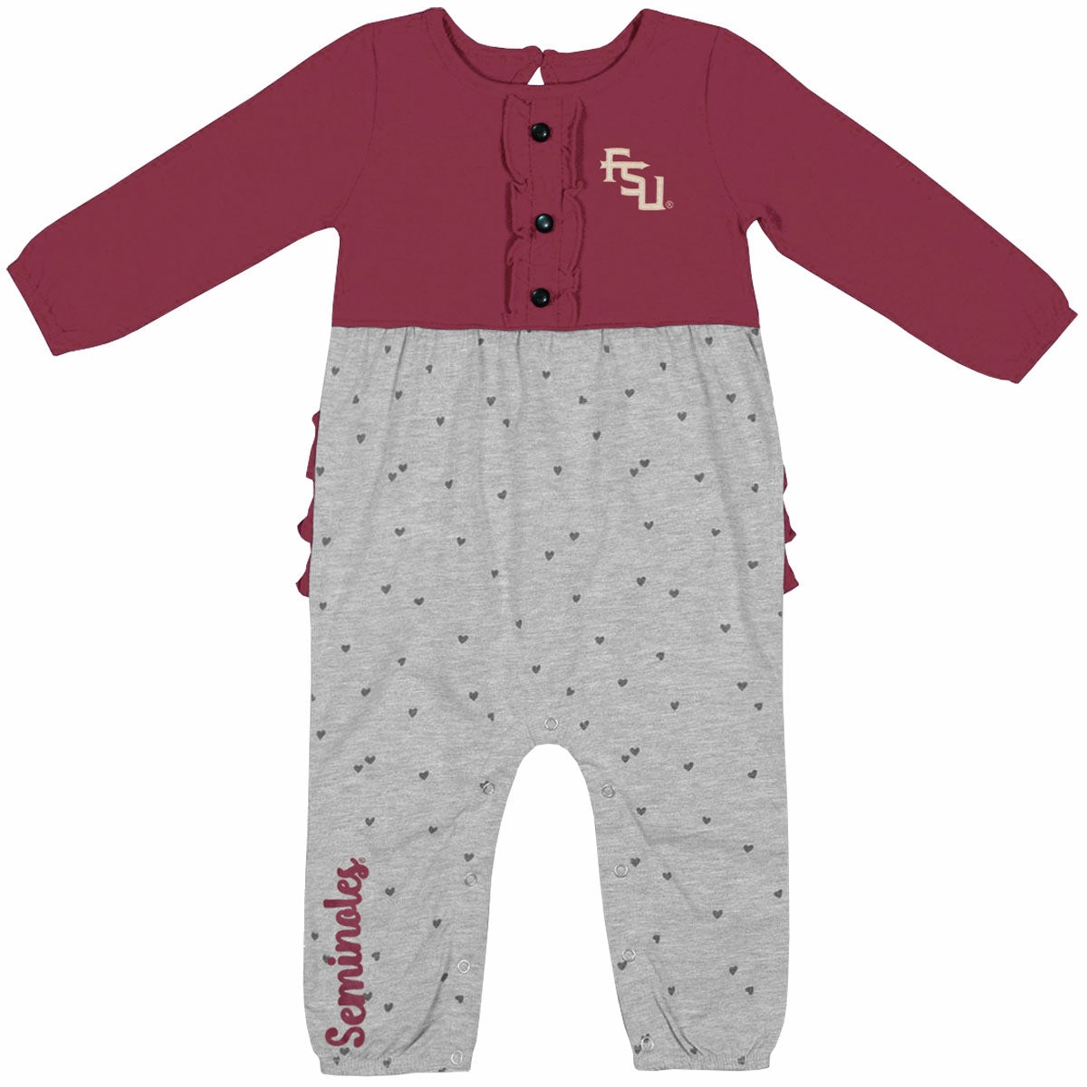Colosseum Infant Girl's Stacked FSU Heart Romper - Garnet/Grey Hidden Stretch Panel