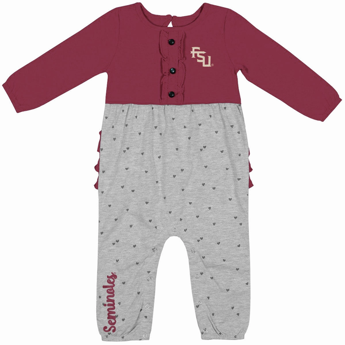 Colosseum Infant Girl's Stacked FSU Heart Romper - Garnet/Grey Drop Shoulder Construction WrinkleResistant Fabric