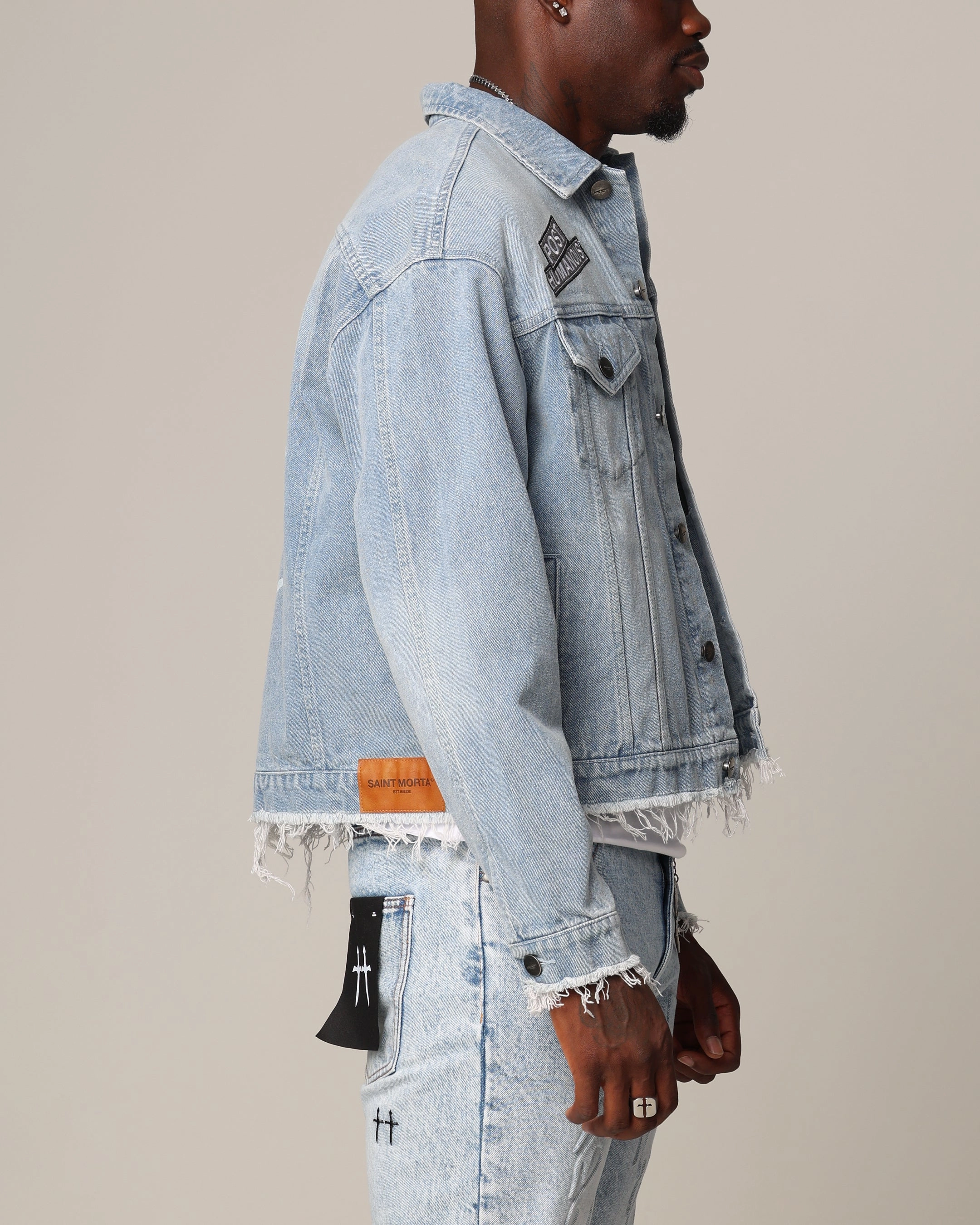 Saint Morta Post Humanous Denim Jacket Blue Wash Anti Slip Shoulder Pads Jungle