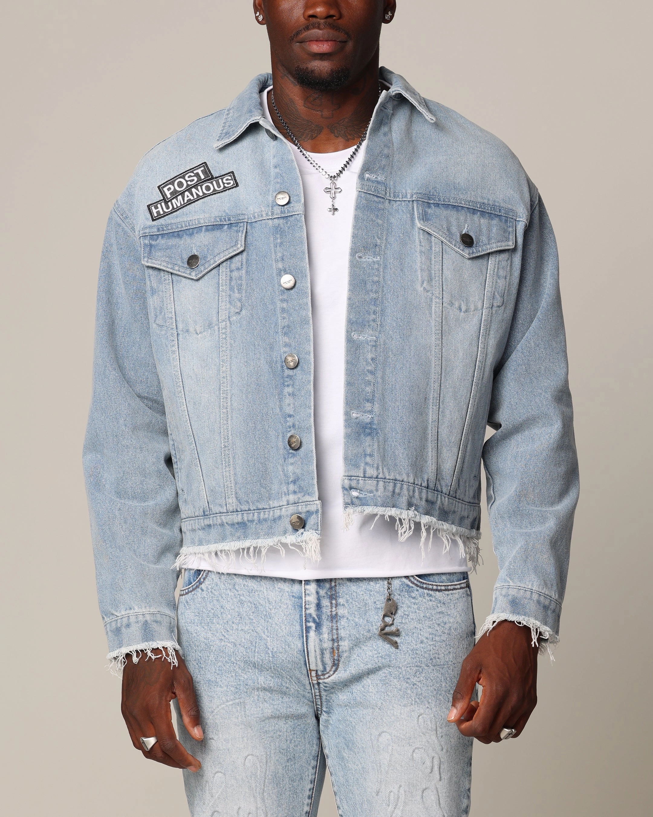 Saint Morta Post Humanous Denim Jacket Blue Wash Silicone Grip Cuffs Cozy Lining