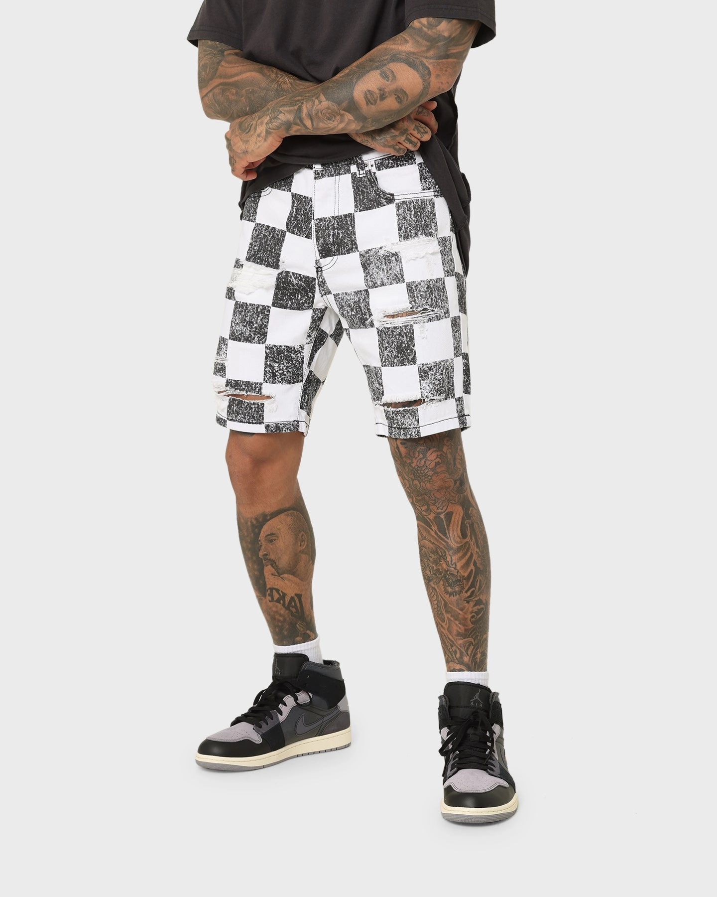 music event look Saint Morta Vintage Checks Denim Shorts White/Black
