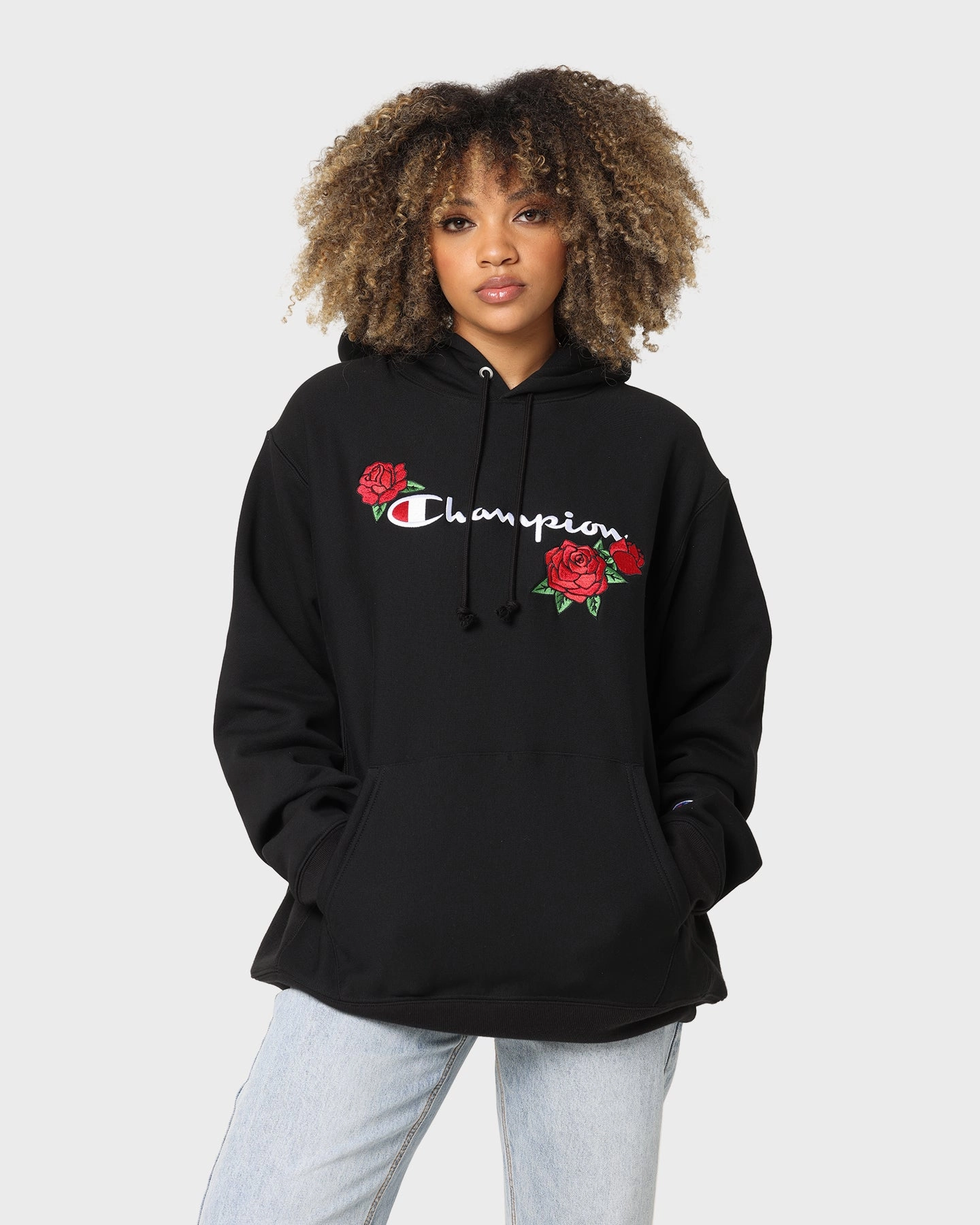 Champion Reverse Weave Roses Embroidery Hoodie Black Non Restrictive Mobility Insulated Jacket