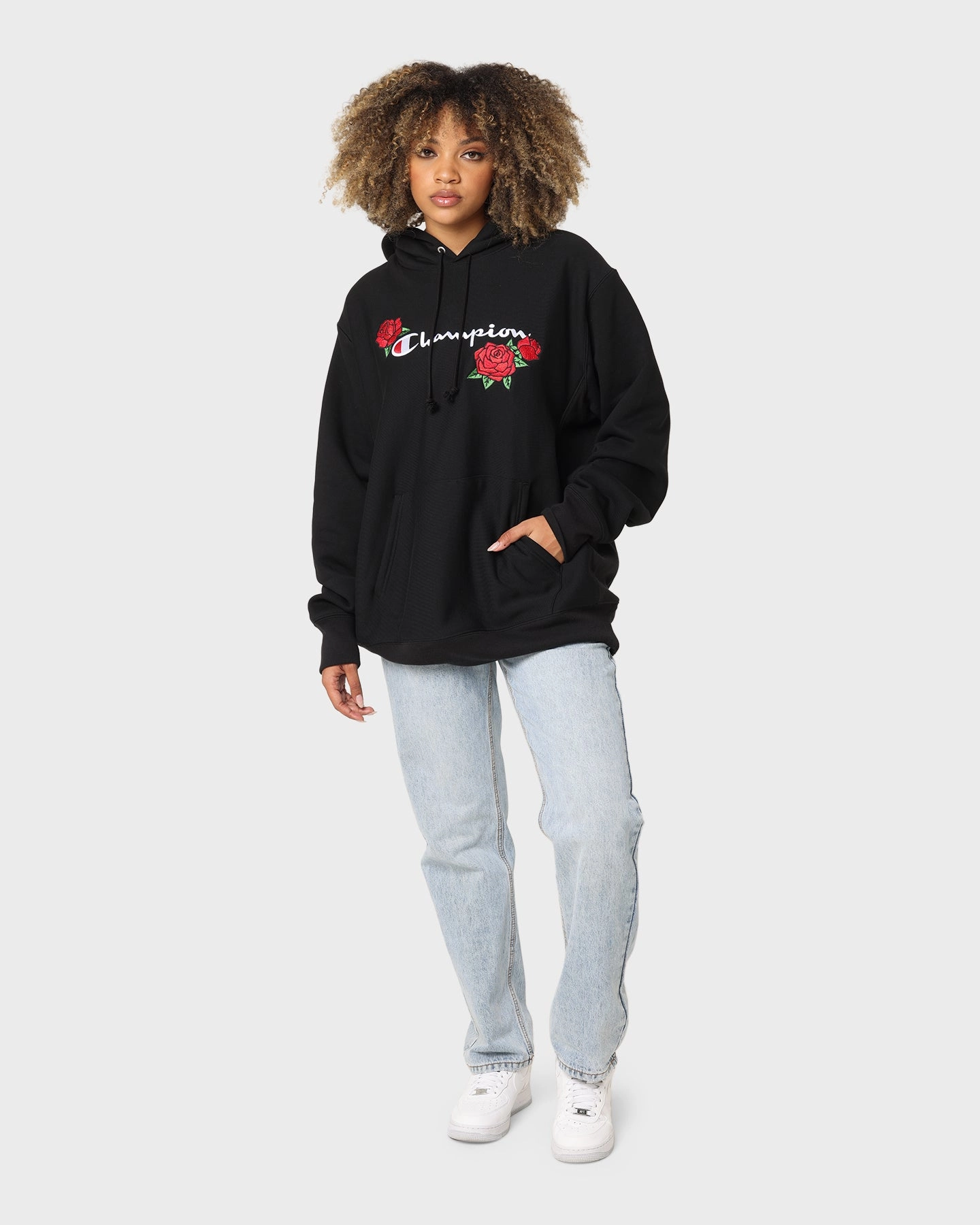 Champion Reverse Weave Roses Embroidery Hoodie Black Cozy Outerwear