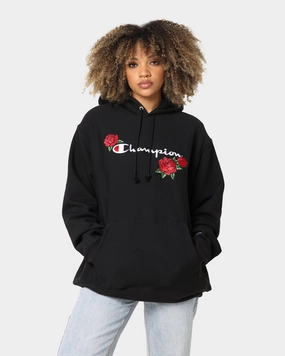 Champion Reverse Weave Roses Embroidery Hoodie Black Non Restrictive Mobility Insulated Jacket