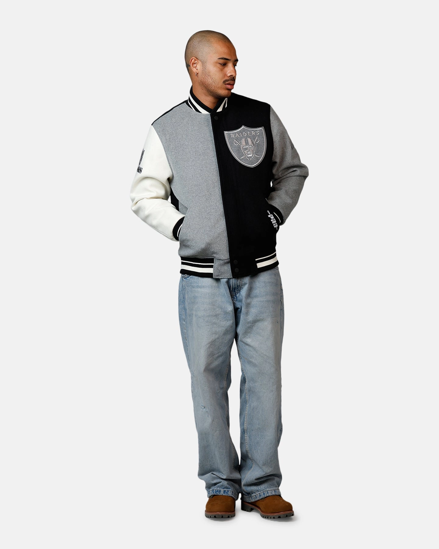 snag resistant variety Pro Standard Las Vegas Raiders Reverse French Terry Wool Varsity Jacket Black/Grey