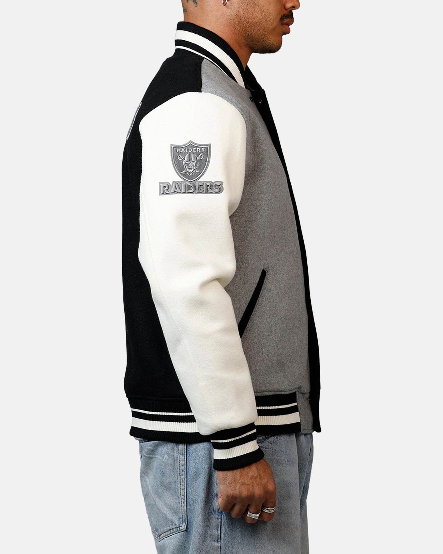 Determination Pro Standard Las Vegas Raiders Reverse French Terry Wool Varsity Jacket Black/Grey