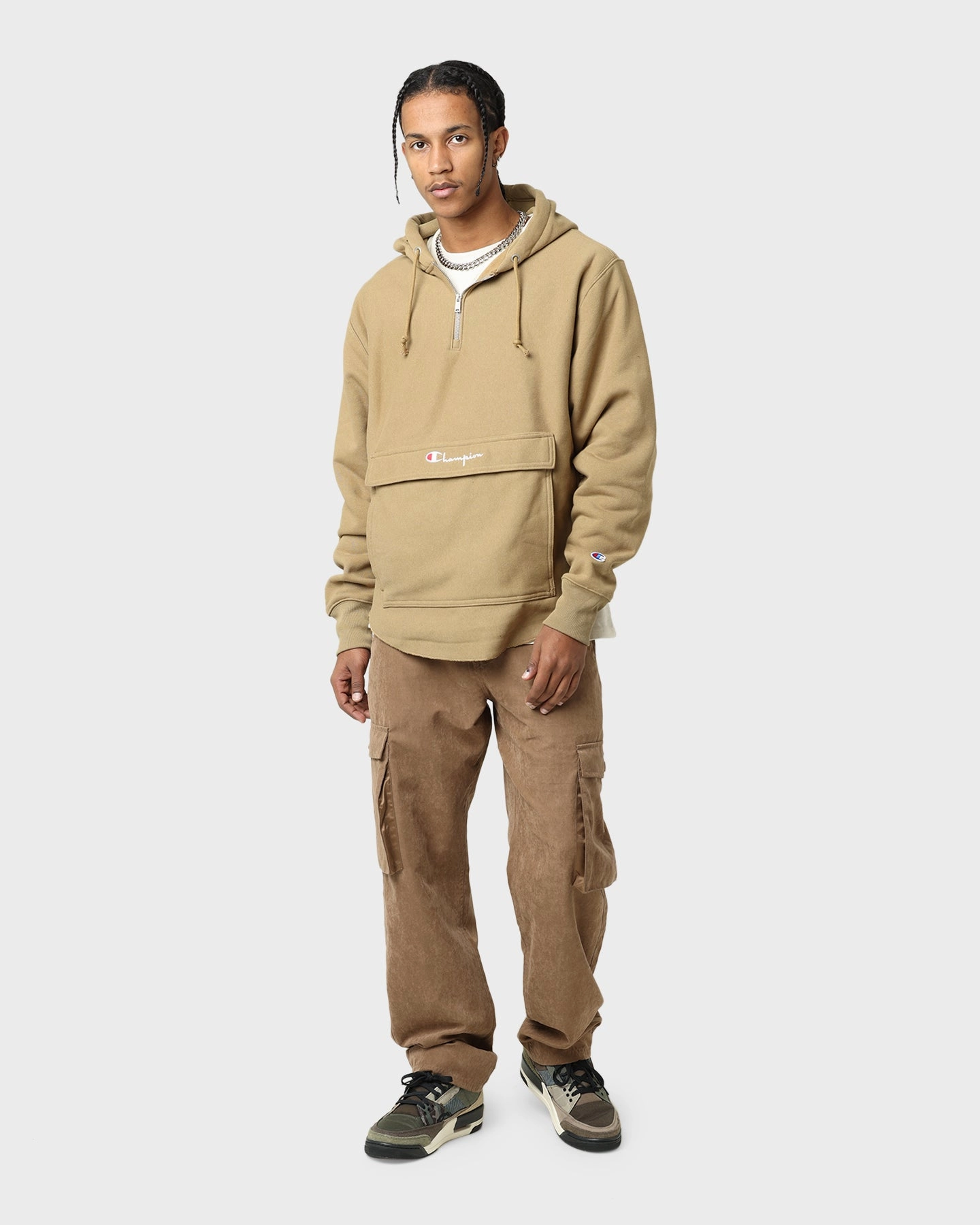 Heat Sealed Seams Waterproof Shell Champion Reverse Weave Boxy Anorak Hoodie Whole Wheat Khaki