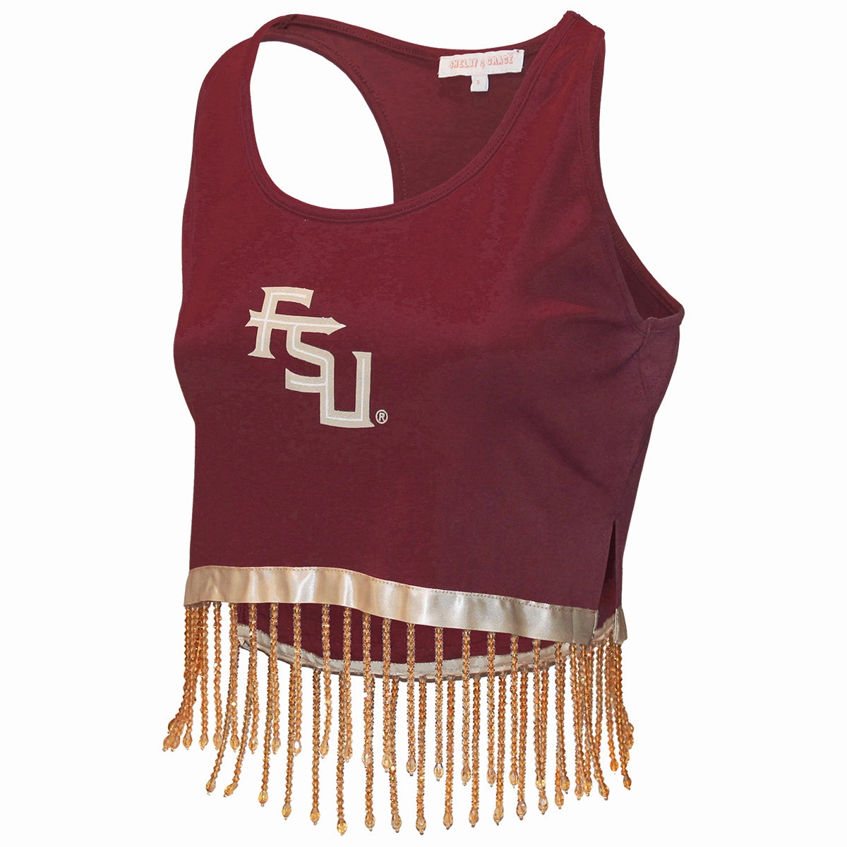 Emerson Street Women's Stacked FSU Glitter Design Rhinestone Fringe Racerback Tank - Garnet/Gold Anti Odor Treatment low speed