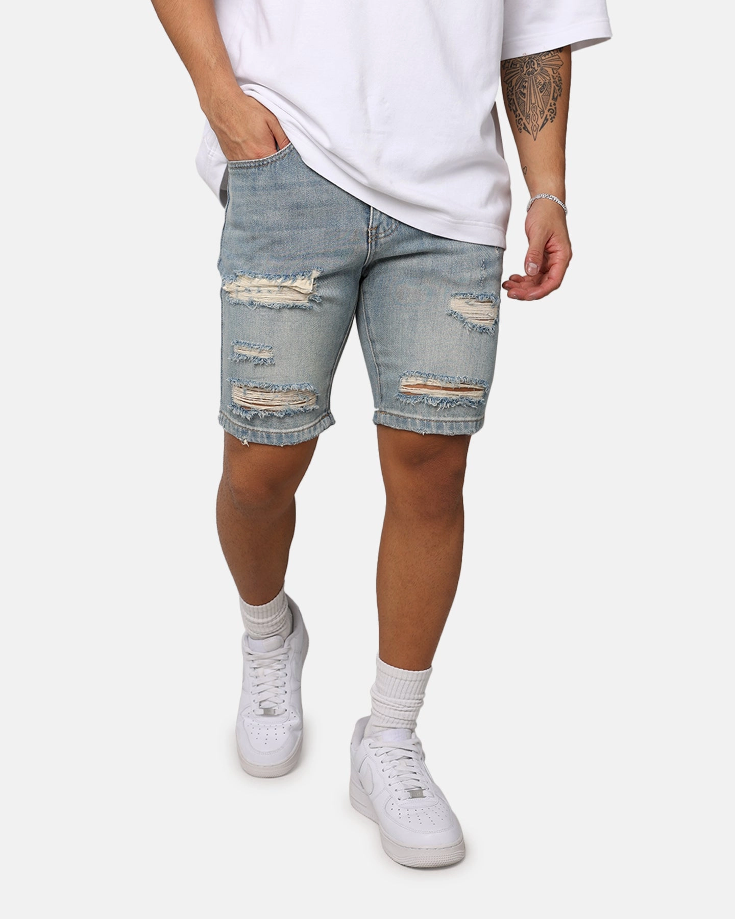 Saint Morta Destroyer Distressed Shorts Vintage Blue ribbed texture