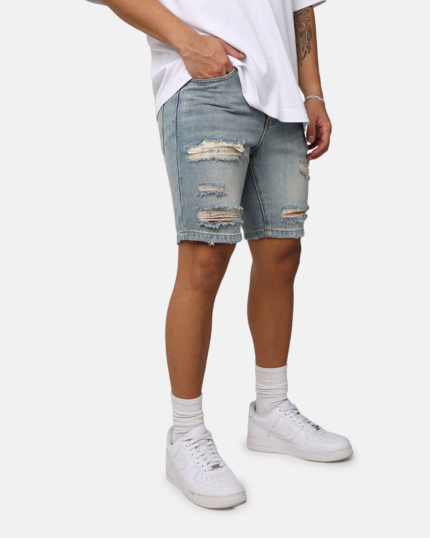 Wrinkle Free Weave Saint Morta Destroyer Distressed Shorts Vintage Blue