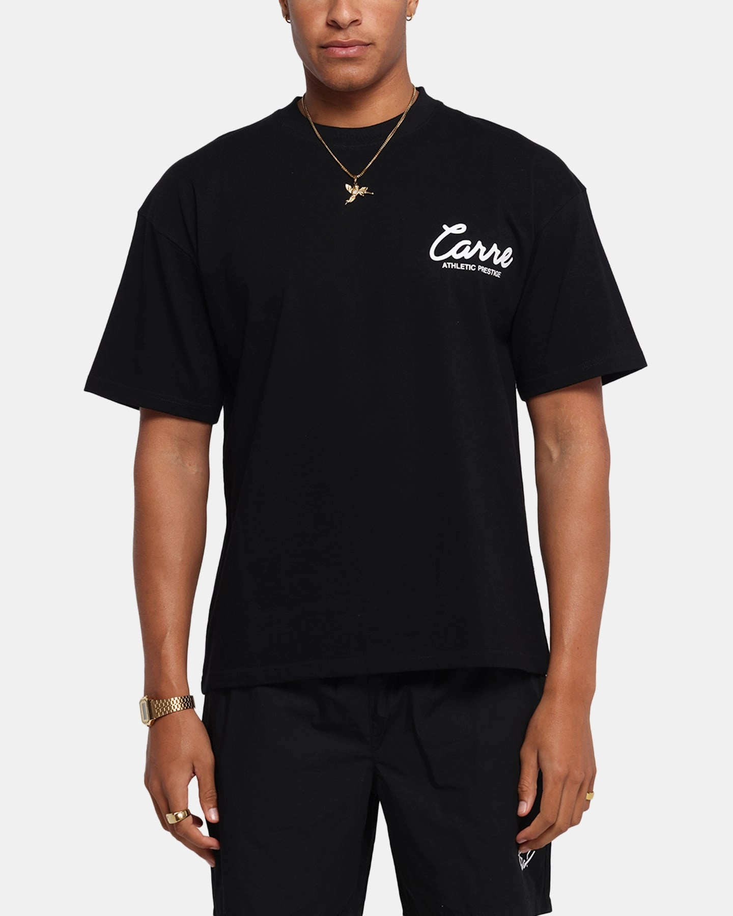 Carre Prestige Script T-Shirt Black Flexible Shoulder Seams Micro Perforated Fabric