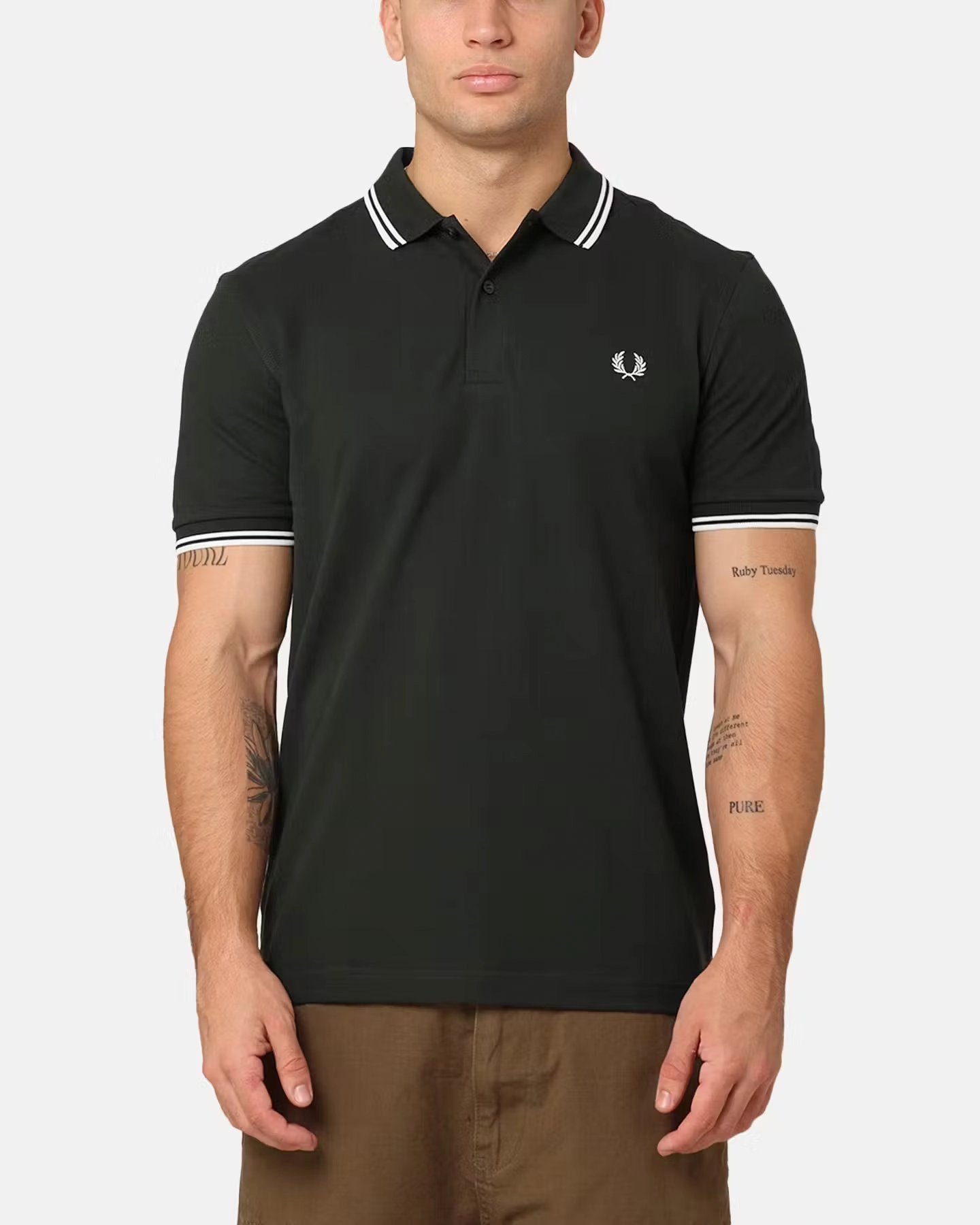 Stylish Detail Summer Casual Fred Perry Twin Tipped Polo Shirt Night Green/Snow White