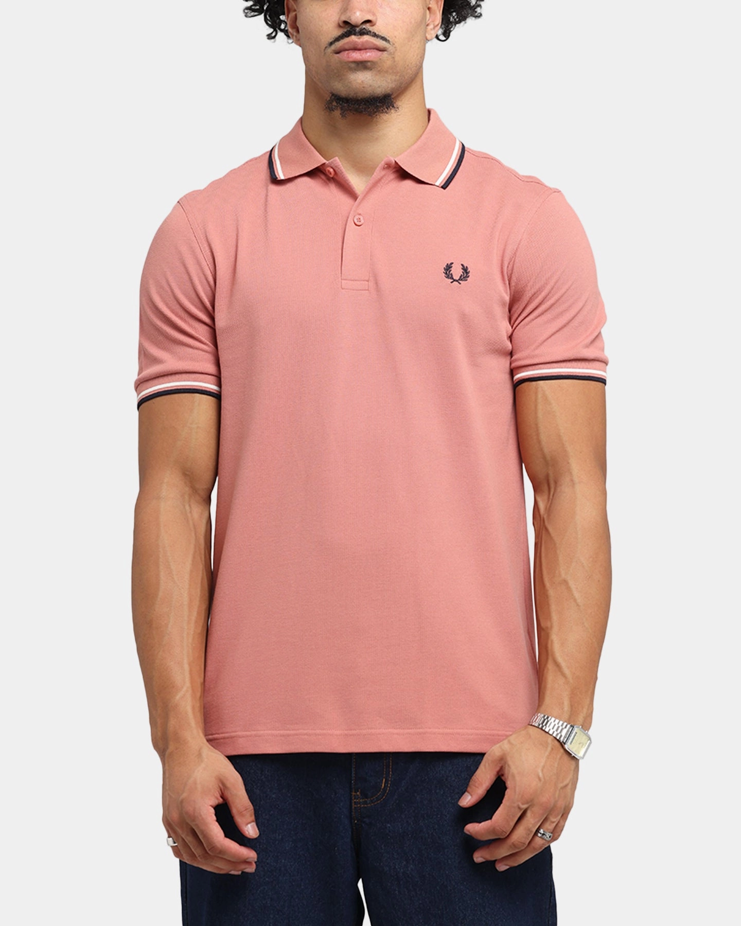 Stylish Neckline Sweat Absorbing Fred Perry Twin Tipped Polo Shirt Pink
