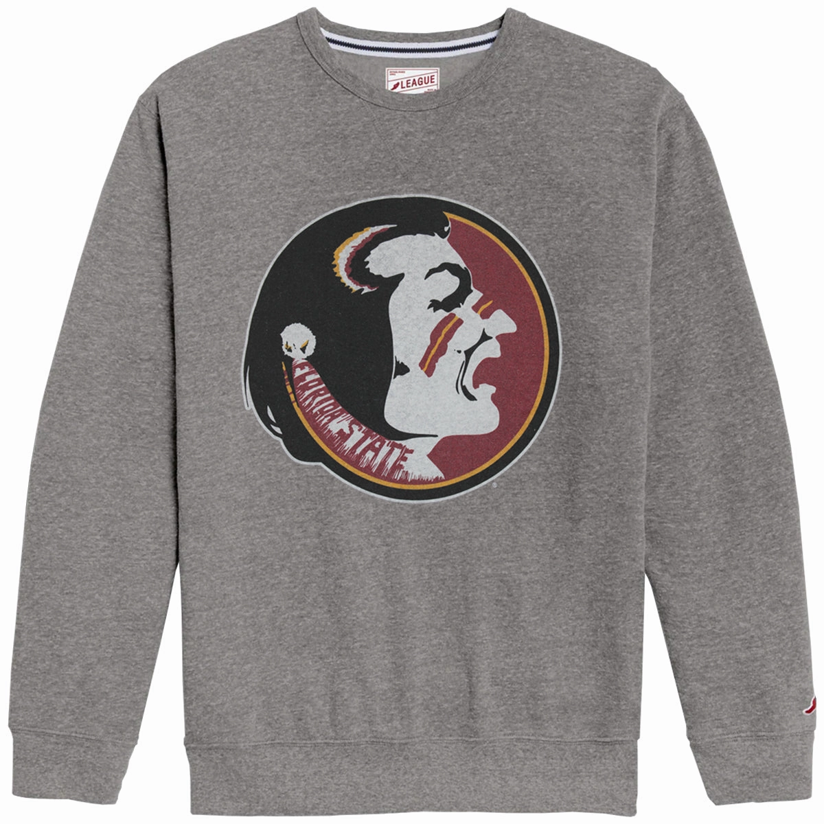 League Men's Vault Seminole Logo Tri-blend Crew Fleece - Fall Heather NonRestrictive Shoulder Design Logo Detail