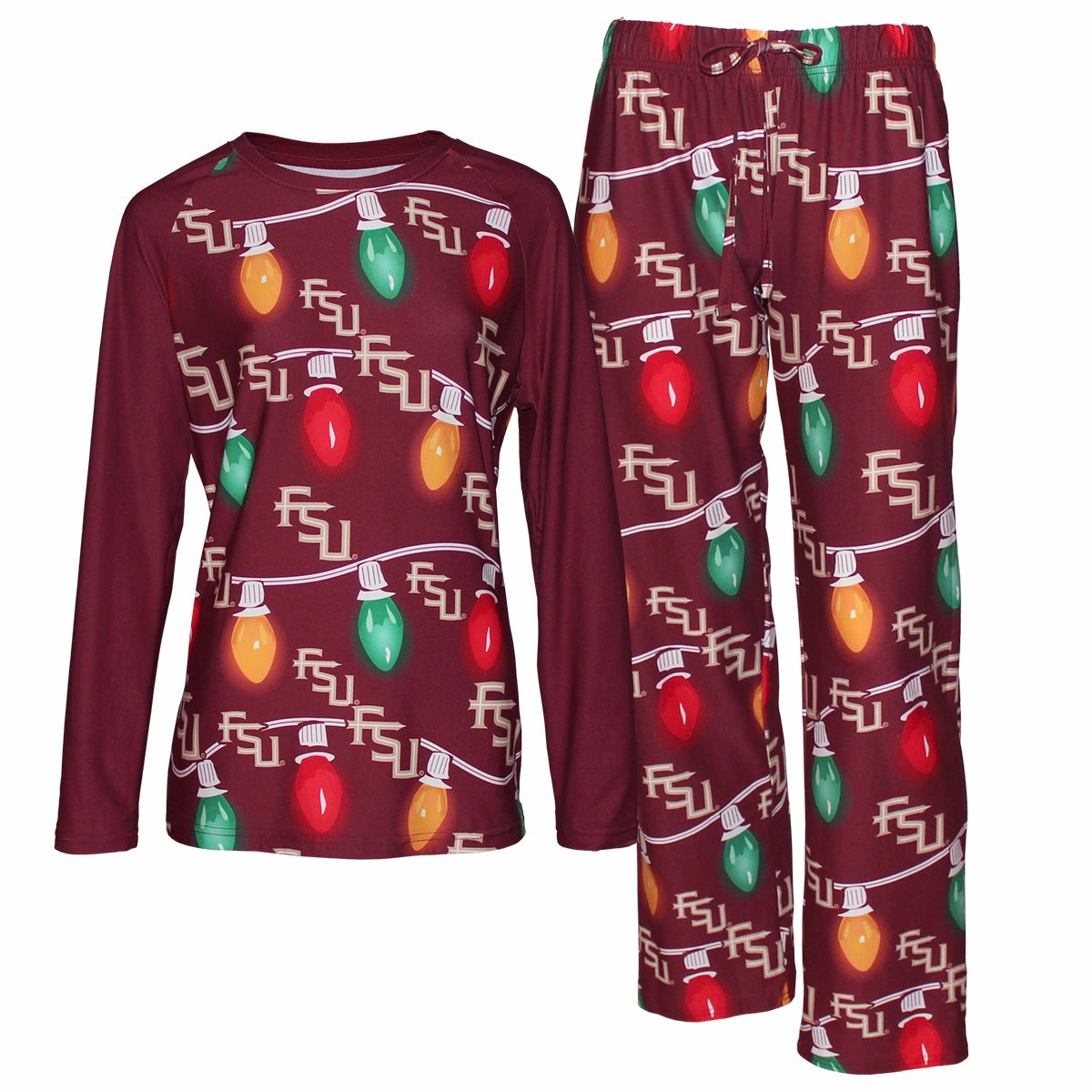 Concept Sports Women's Stacked FSU Stringed Light Design 2024 Holiday Sleep Set - Garnet Stretchable Fabric Double Stitched Edges