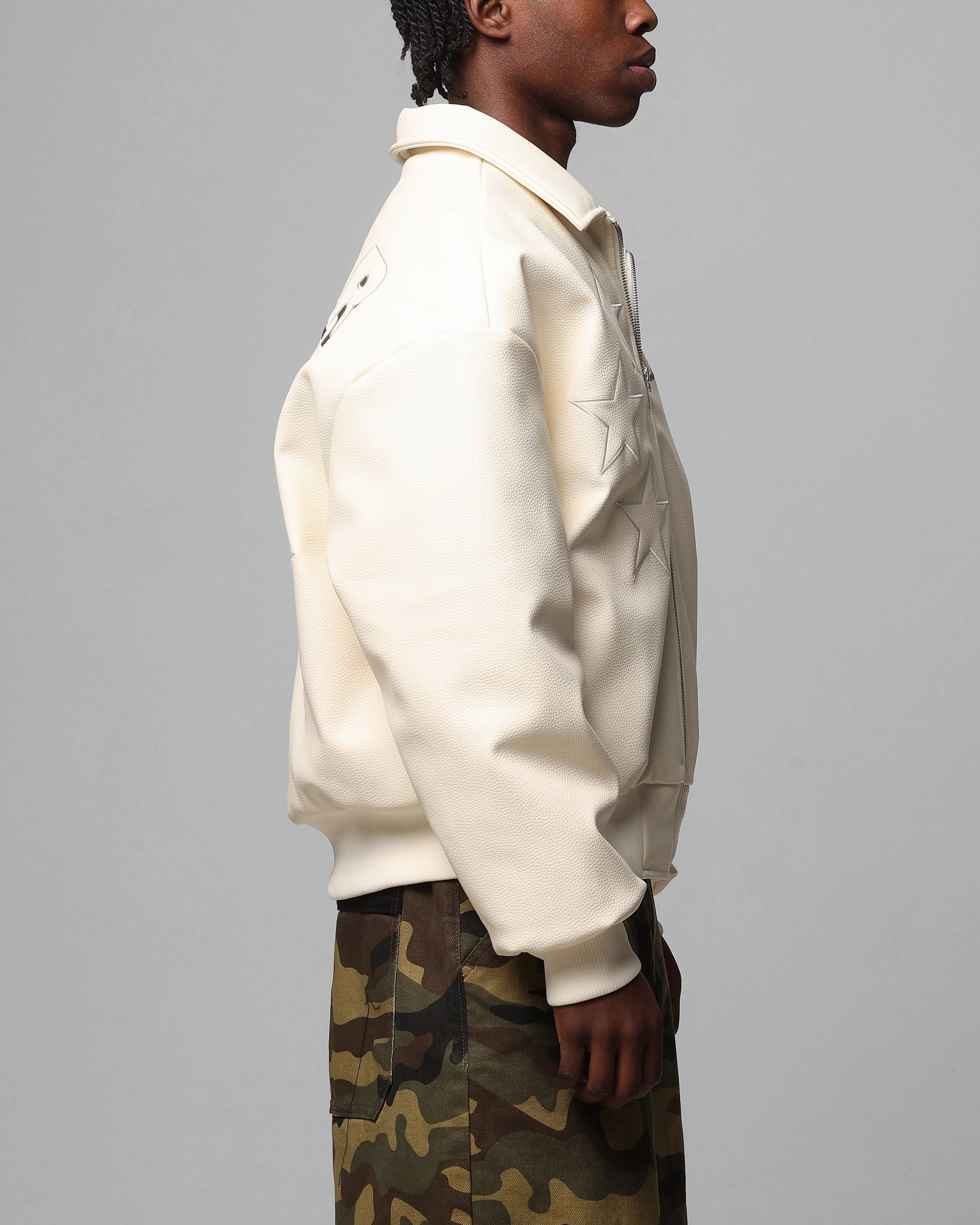 Loiter Solar Vegan Leather Varsity Jacket Beige Bright Tones