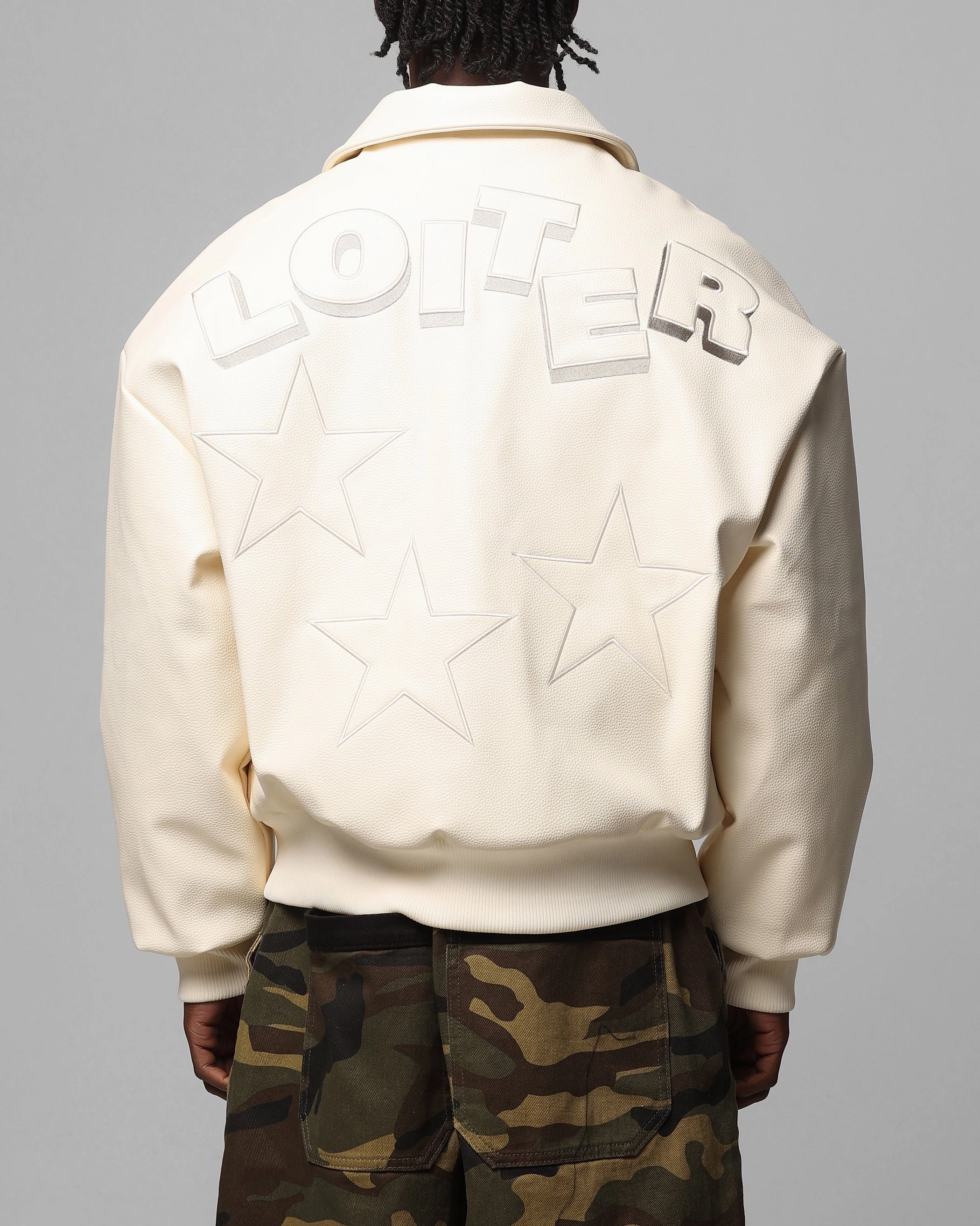 Optimize Loiter Solar Vegan Leather Varsity Jacket Beige