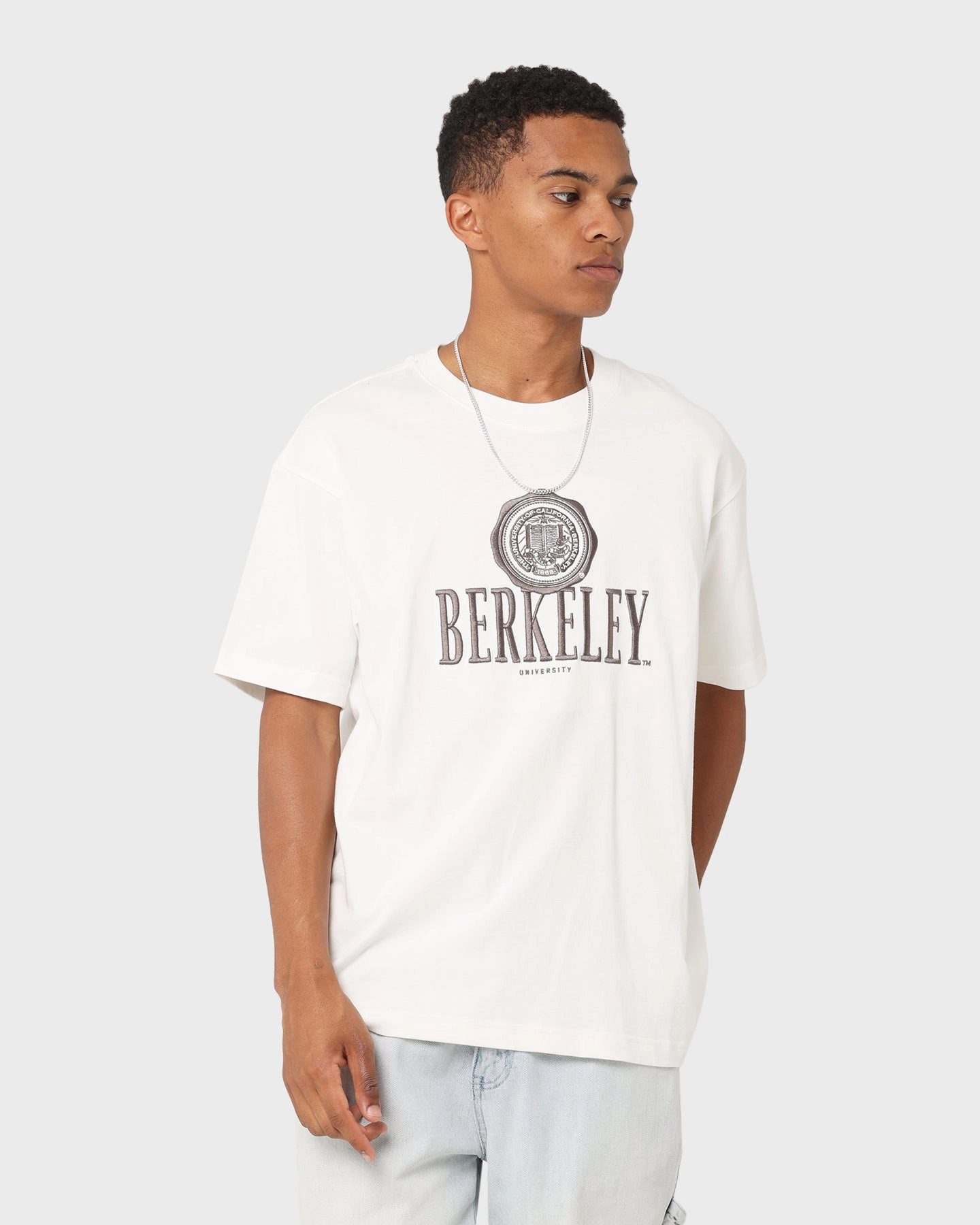 The New Establishment University Of California Berkeley Stack Logo T-Shirt Vintage White Recycled Material Durable Knitwear