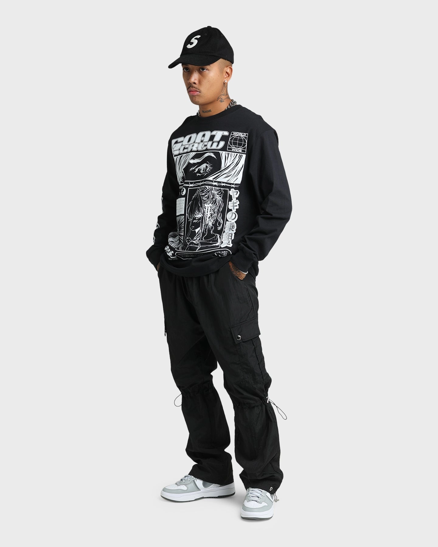 Urban Style Trend Cross Grain Knit Goat Crew Harajuku Long Sleeve T-Shirt Black