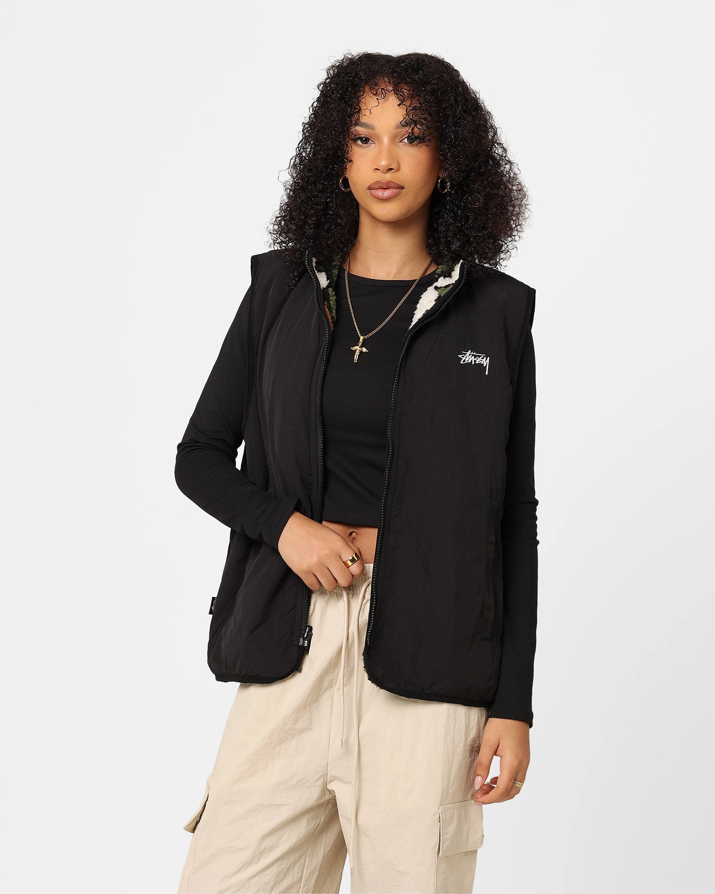 Stussy Women's Reversible Stock Sherpa Vest Natural teens' Solution
