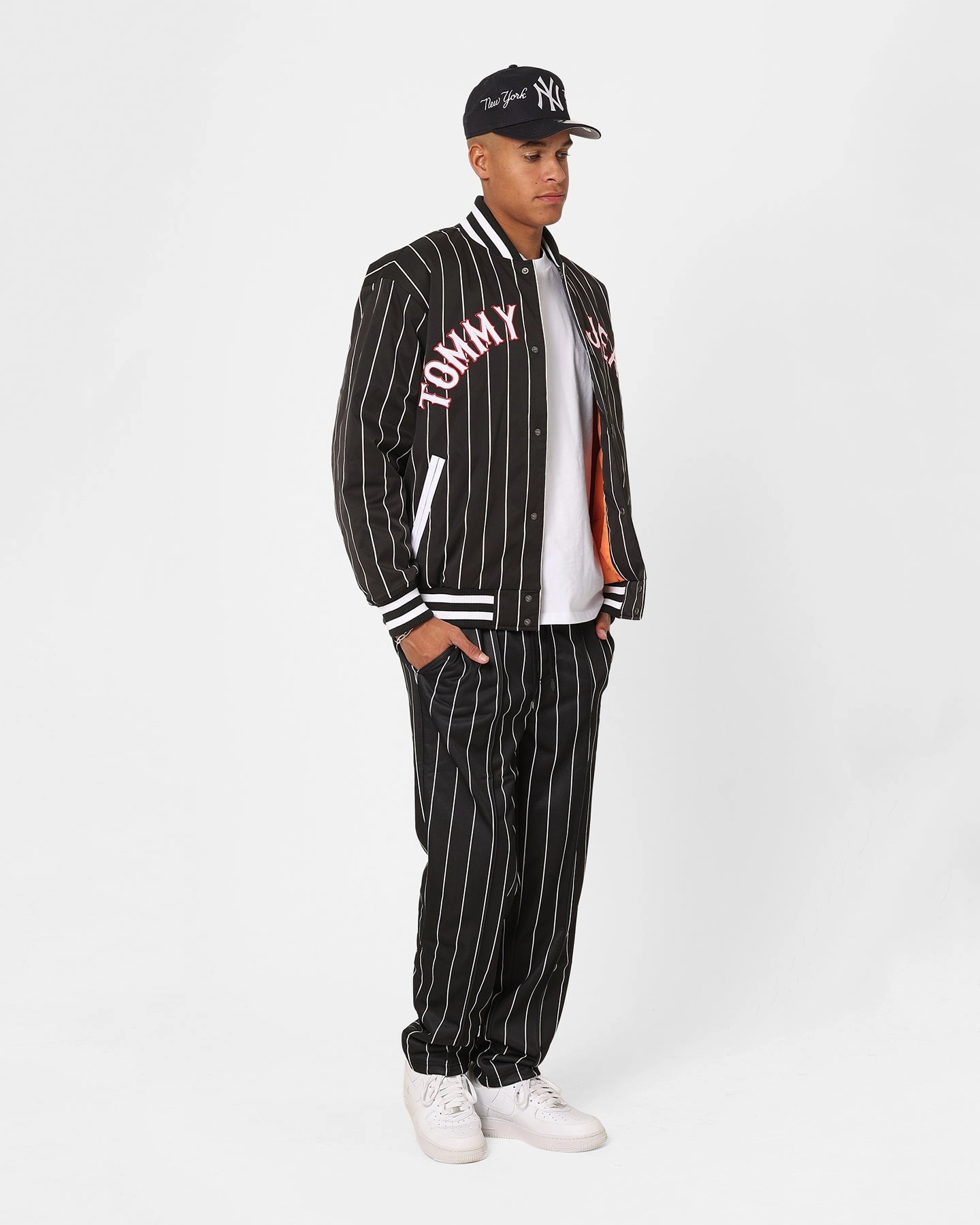 Tommy Jeans Relaxed Pinstripe Bomber Jacket Black pilots Easy Care Fabric