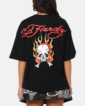 Ed Hardy Flaming Skull T-Shirt Black NoSideSeams Street Casual Look
