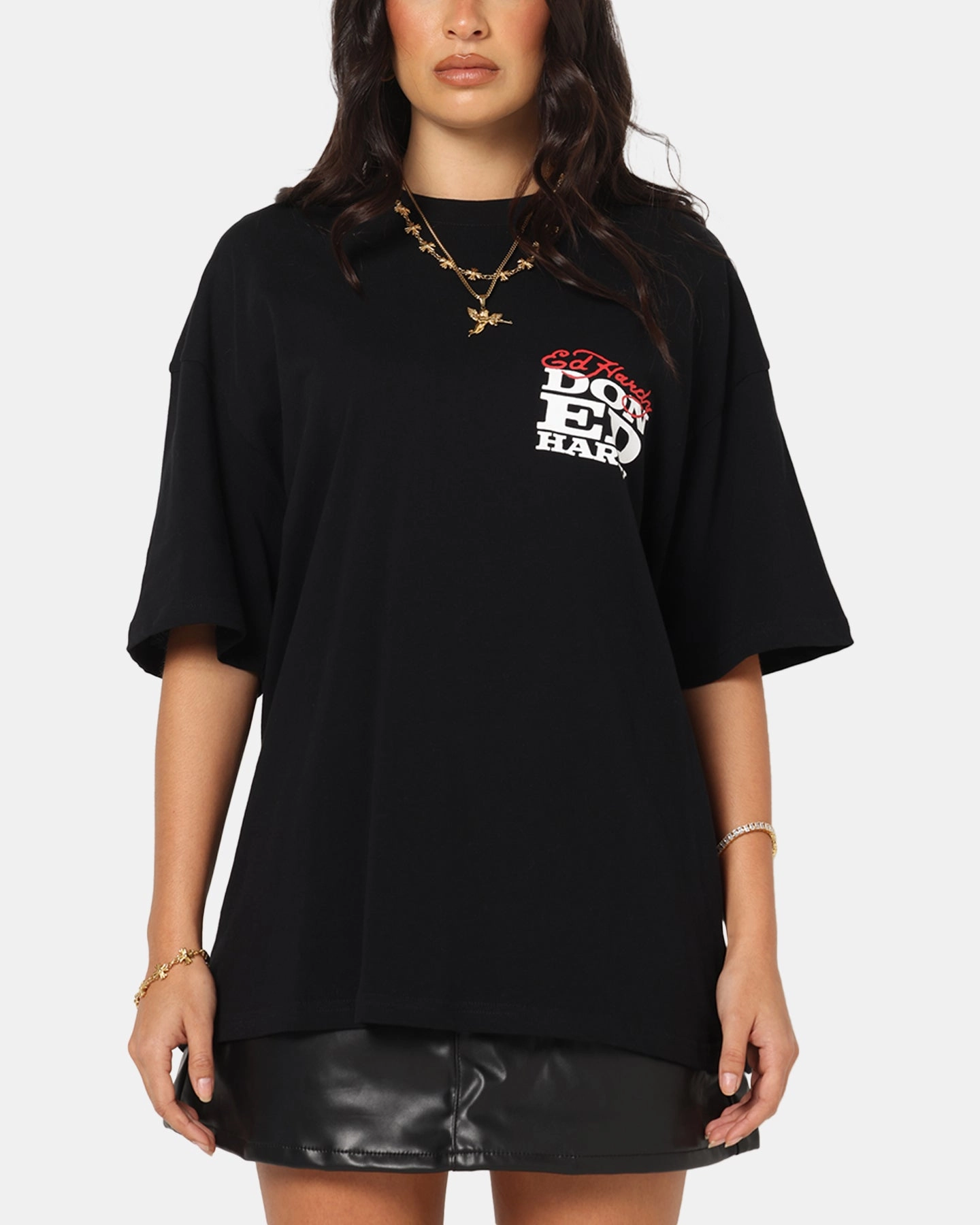 Ed Hardy Flaming Skull T-Shirt Black OversizedSilhouette Layered Collar Structure