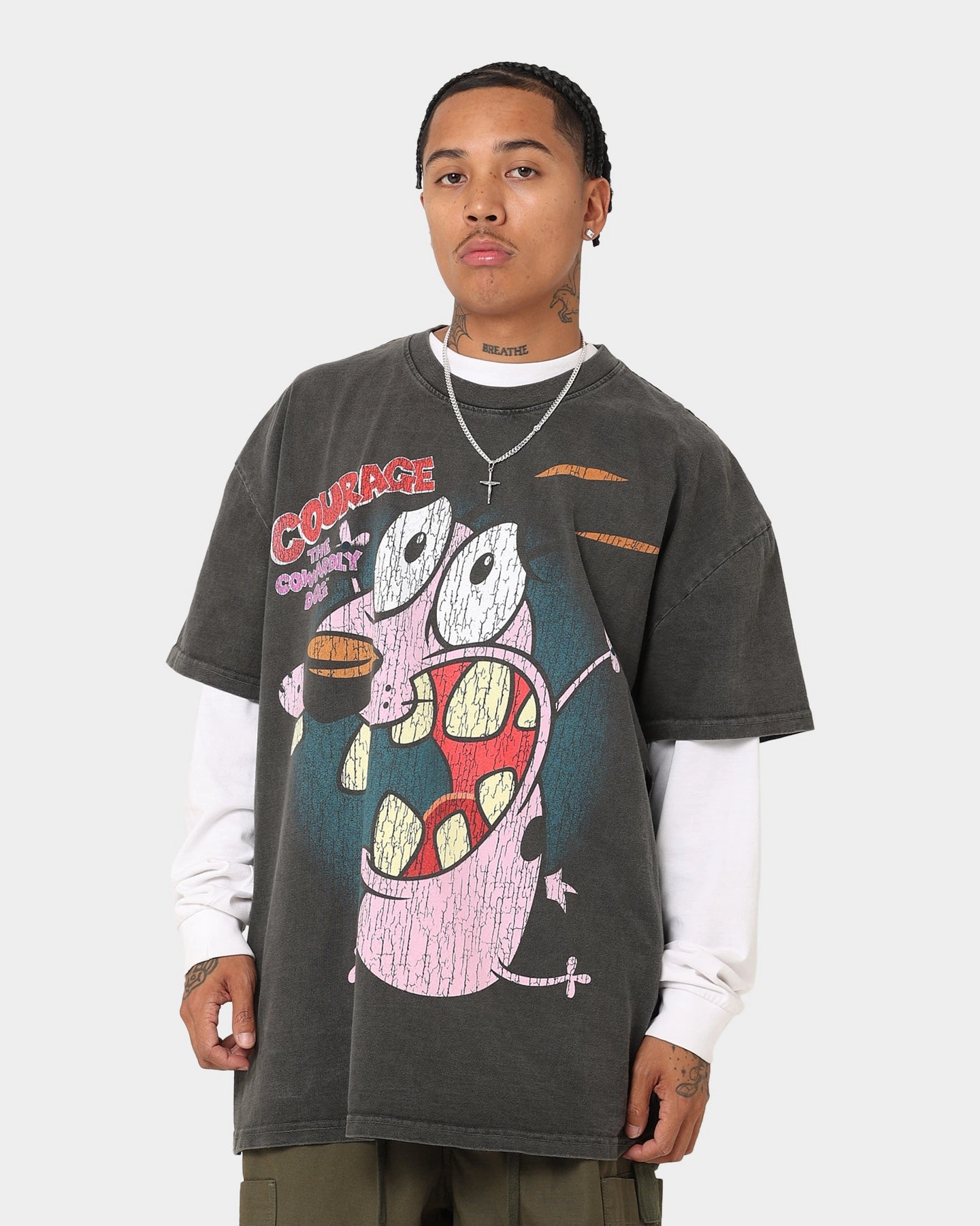 American Thrift X Cartoon Network Courage Heavyweight T-Shirt Black Wash hiking clothes Relaxed Armhole Cut