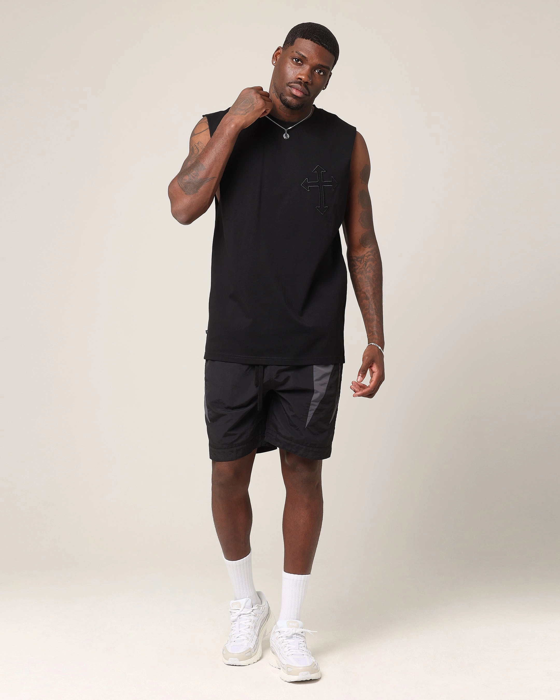 Comfy All-Day Printed Logo Saint Morta Sorrows Oversized Muscle T-Shirt Black