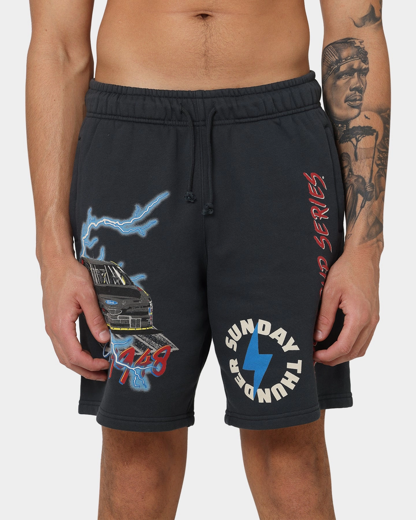 NASCAR Lightning Cup Series Fleece Shorts Washed Black Micro Perforated Fabric Stylish Casual