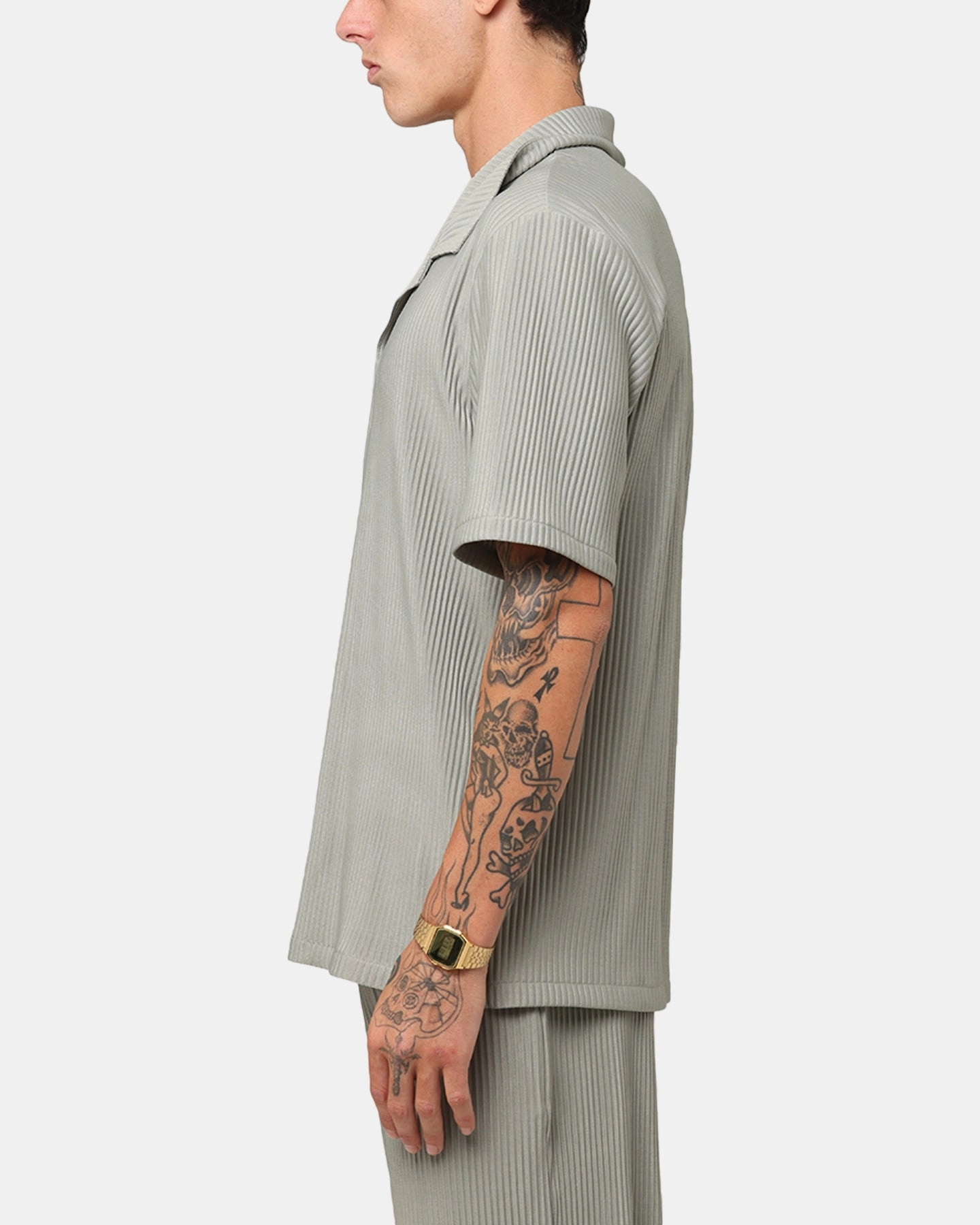 XXIII Pleated Button Up Shirt Olive Embroidered Logo Fitted Design