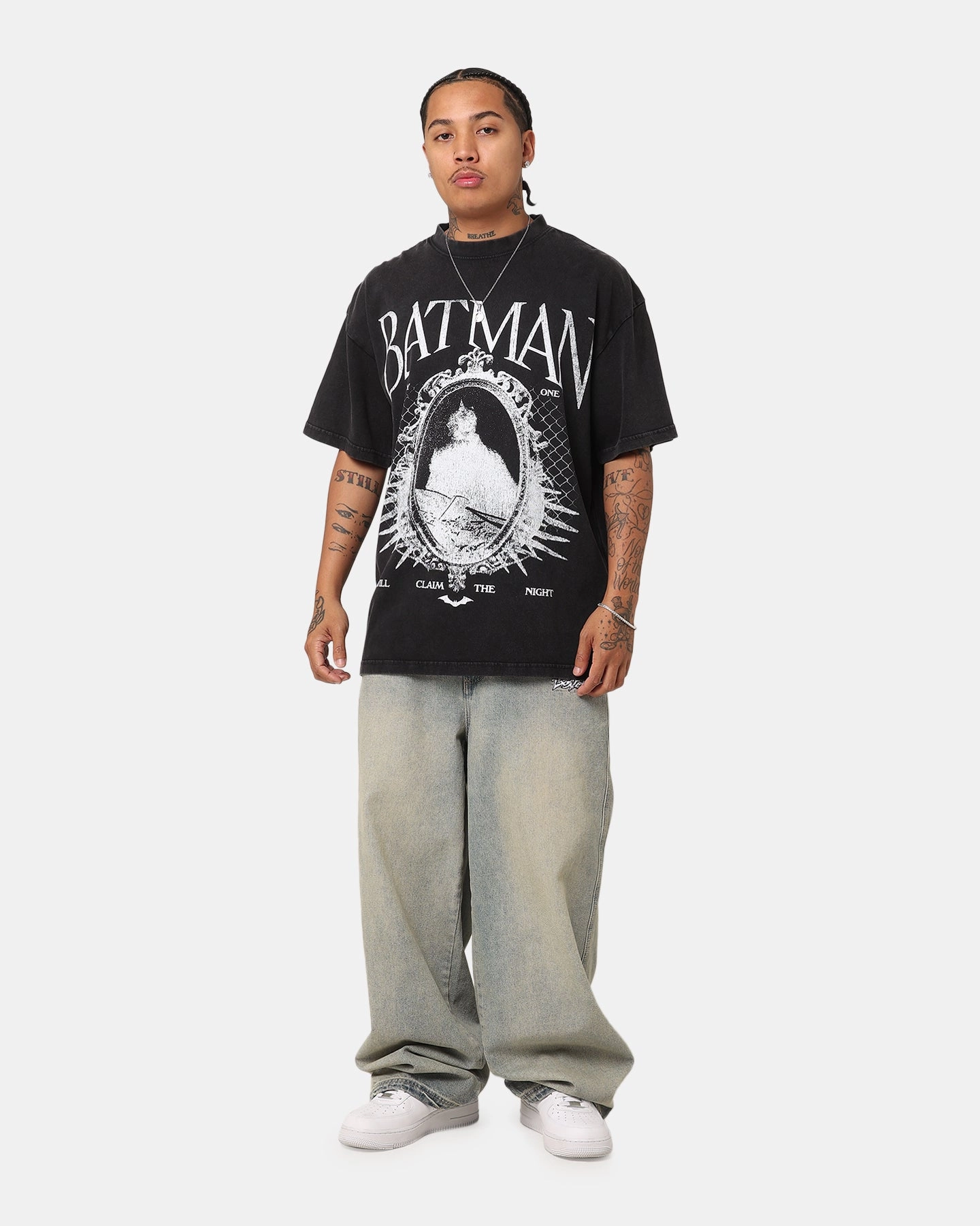 Ethically Sourced Cotton Teenager fashion Goat Crew X DC Batman Mirror Vintage T-Shirt Black Acidwash