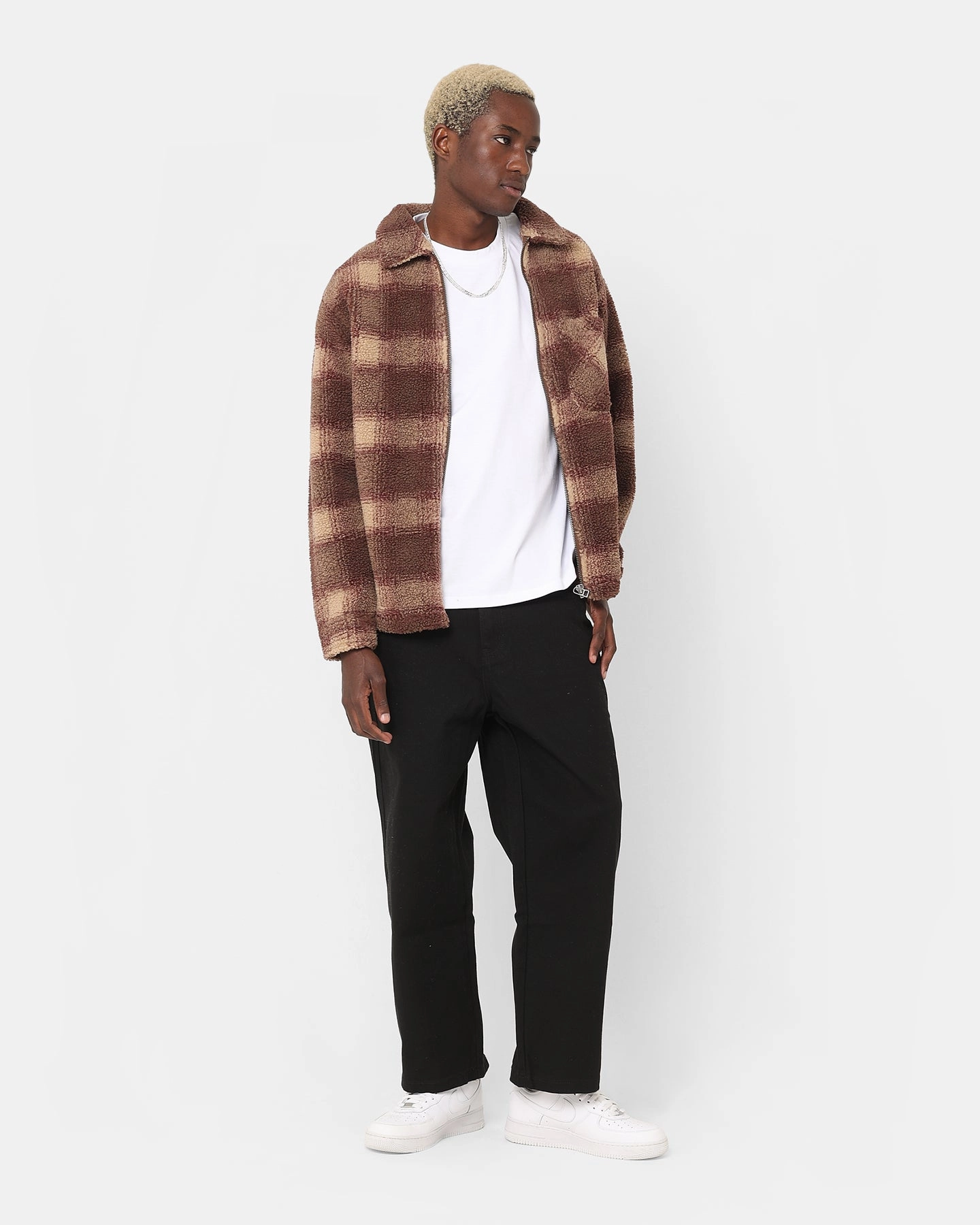 Double Layer Closure Stussy Shadow Plaid Sherpa Zip Shirt Brown