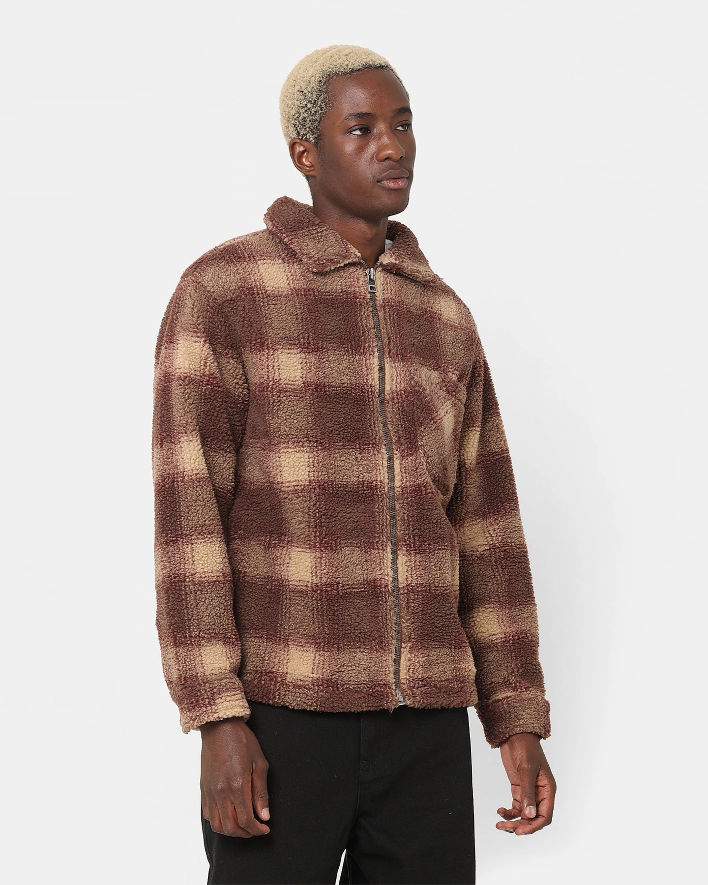 Stussy Shadow Plaid Sherpa Zip Shirt Brown Flex Mobility System AntiStaticLining