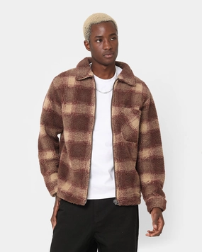Contoured Fit Blueprint Stussy Shadow Plaid Sherpa Zip Shirt Brown