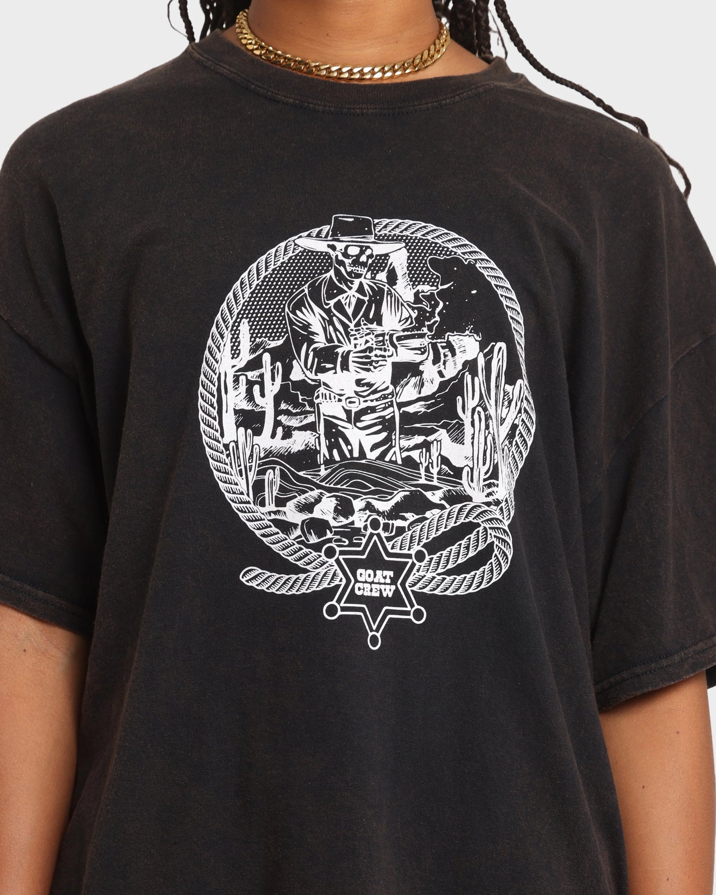Washable NonIrritating Fabric Goat Crew Cowboy Drawing Vintage T-Shirt Black Wash