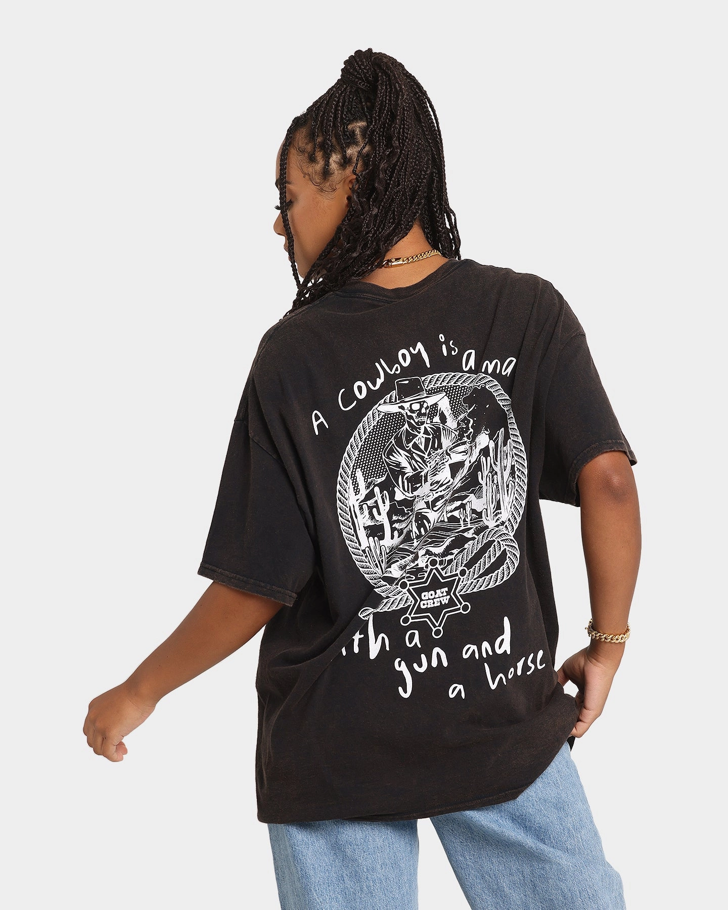 Goat Crew Cowboy Drawing Vintage T-Shirt Black Wash Heathered Texture