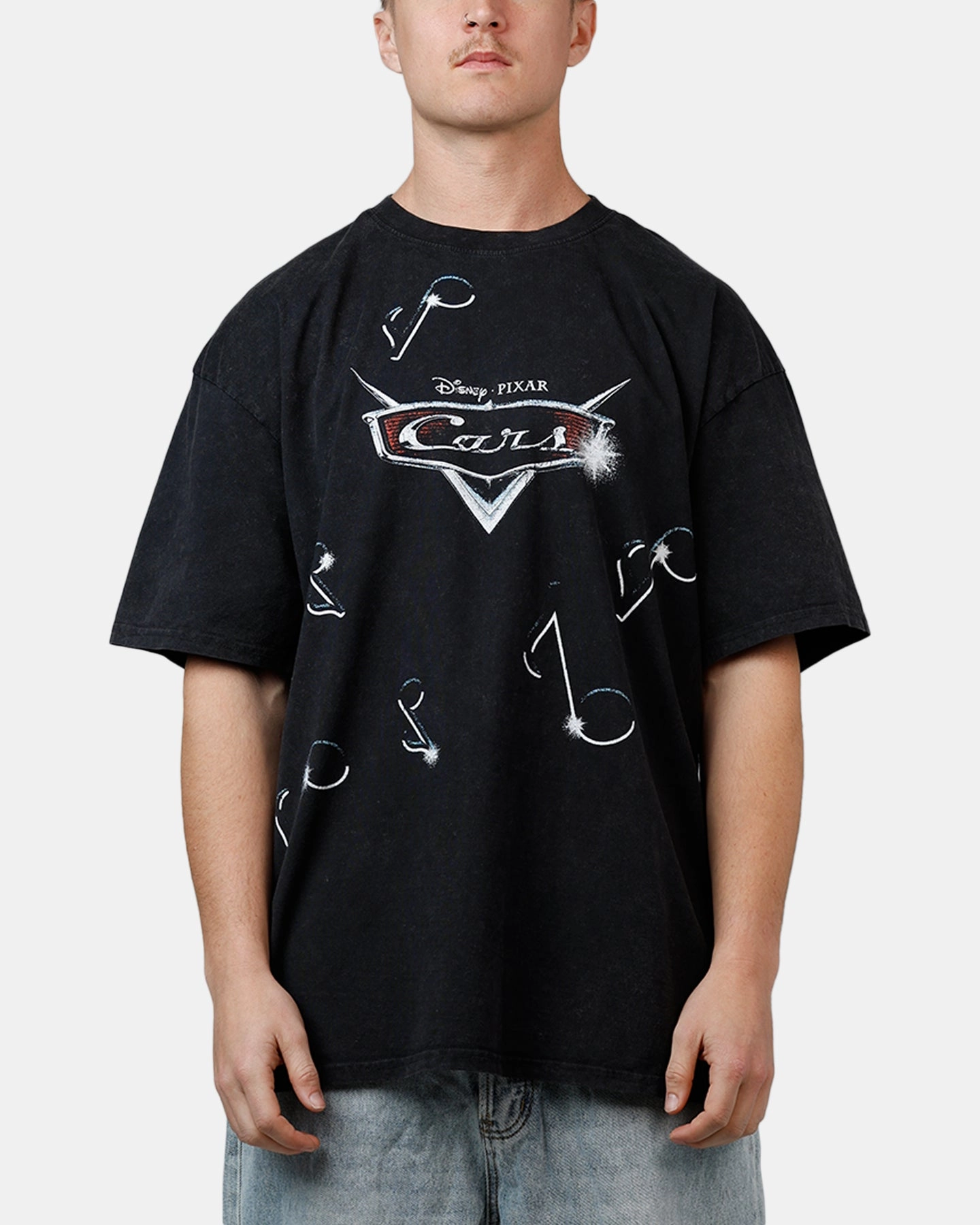 Non Irritating Tags Goat Crew Disney And Pixar Cars DJ Vintage T-Shirt Black Acidwash
